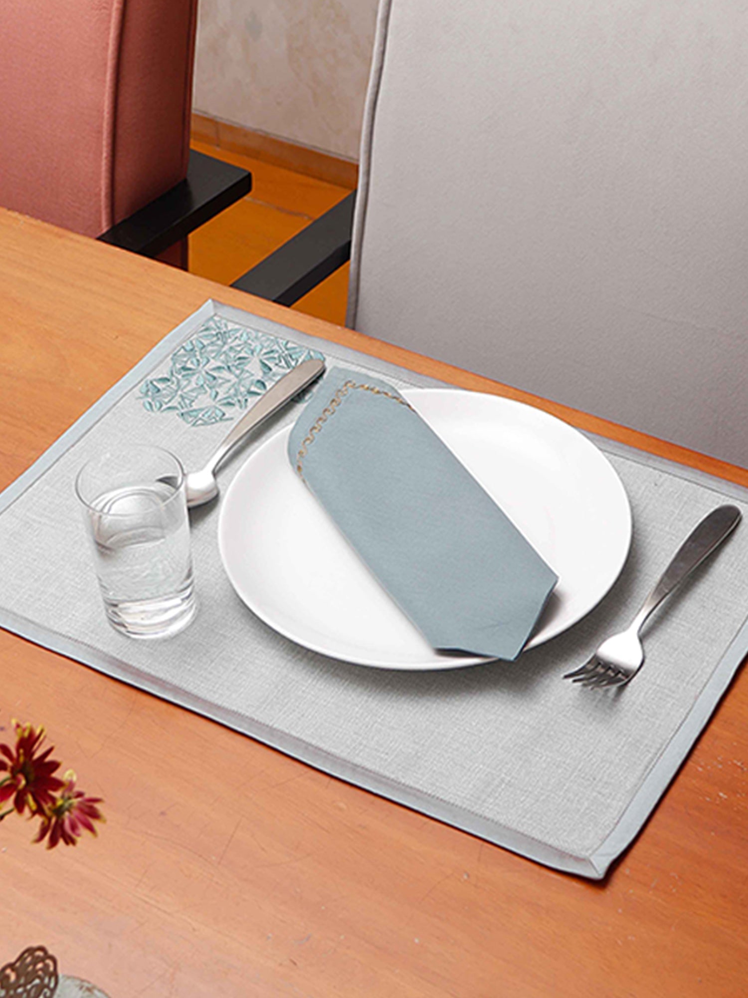 Table Mats and Napkins Blended Cotton and 100% Cotton Embroidered Grey and Turquoise Blue - 13" X 19" ; 16" X 16" - Set of 6