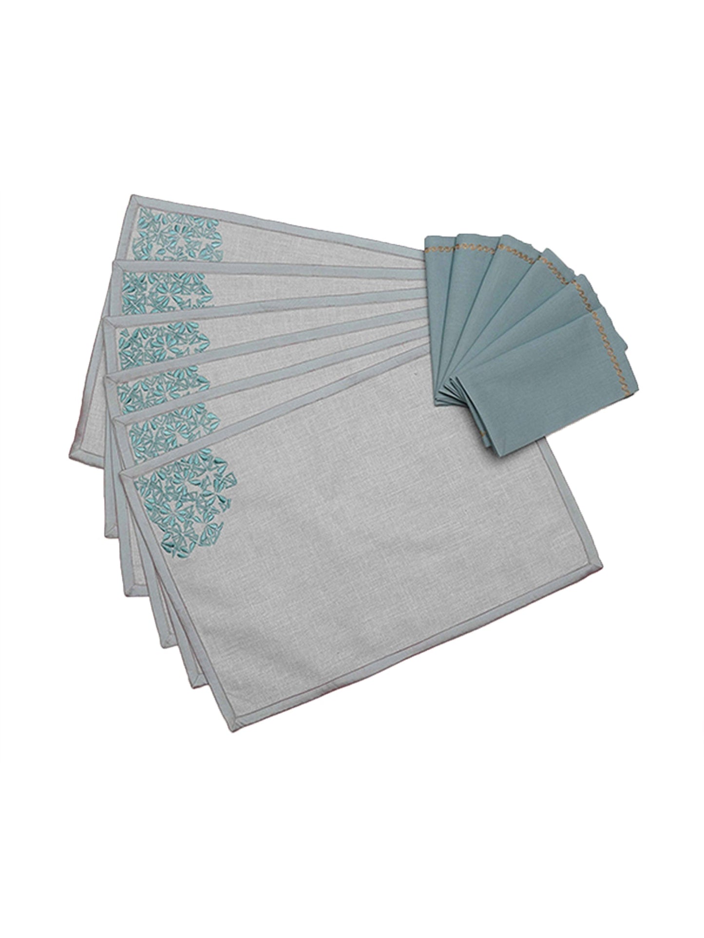 Table Mats and Napkins Blended Cotton and 100% Cotton Embroidered Grey and Turquoise Blue - 13" X 19" ; 16" X 16" - Set of 6