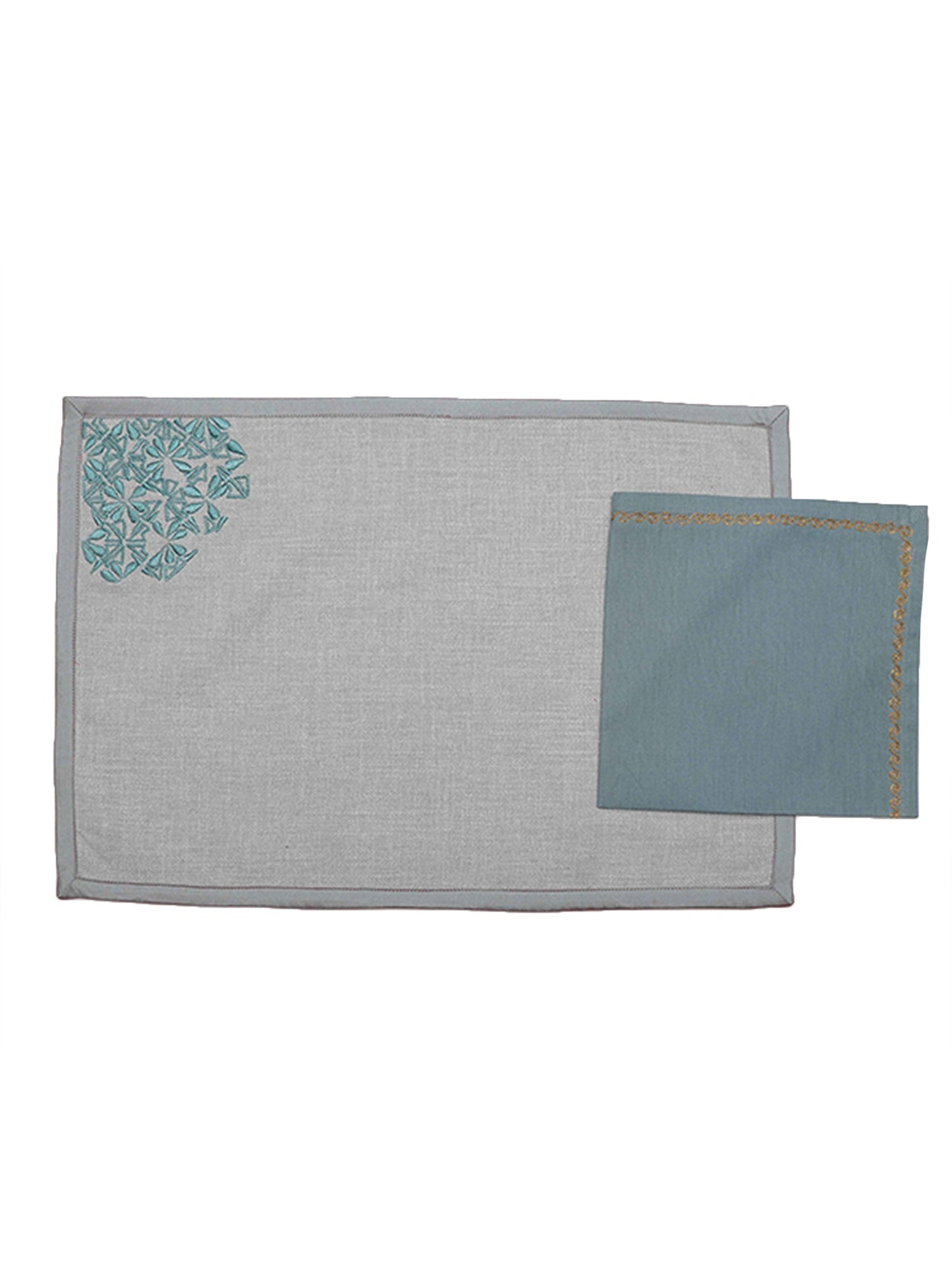 Table Mats and Napkins Blended Cotton and 100% Cotton Embroidered Grey and Turquoise Blue - 13" X 19" ; 16" X 16" - Set of 6