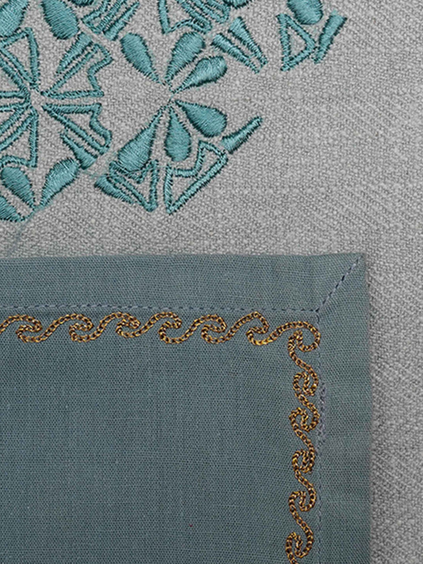 Table Mats and Napkins Blended Cotton and 100% Cotton Embroidered Grey and Turquoise Blue - 13" X 19" ; 16" X 16" - Set of 6