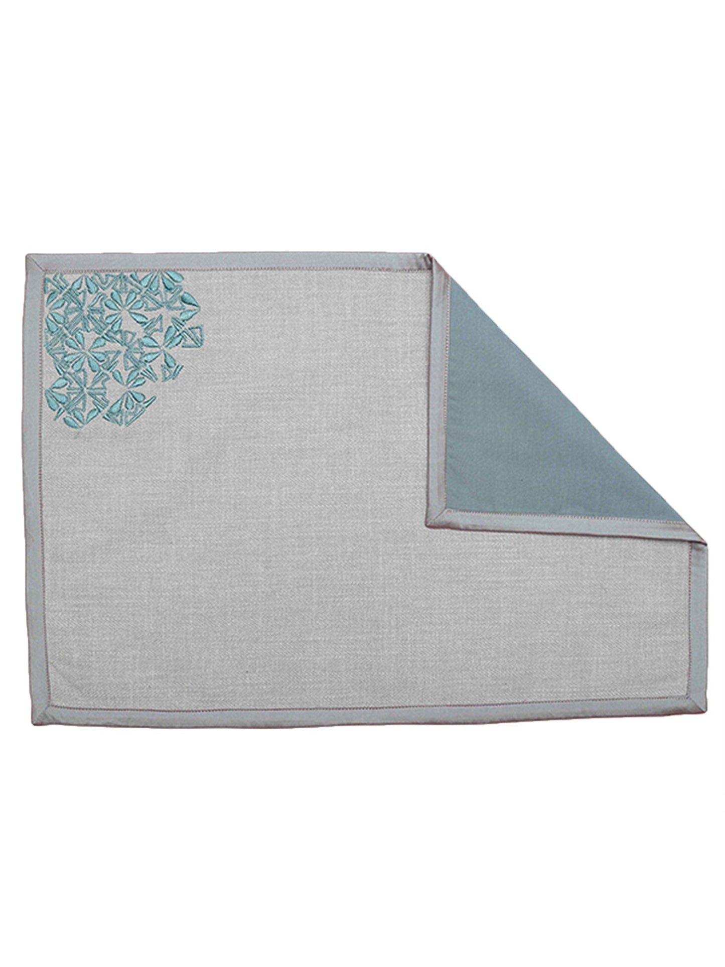 Table Mats and Napkins Blended Cotton and 100% Cotton Embroidered Grey and Turquoise Blue - 13" X 19" ; 16" X 16" - Set of 6