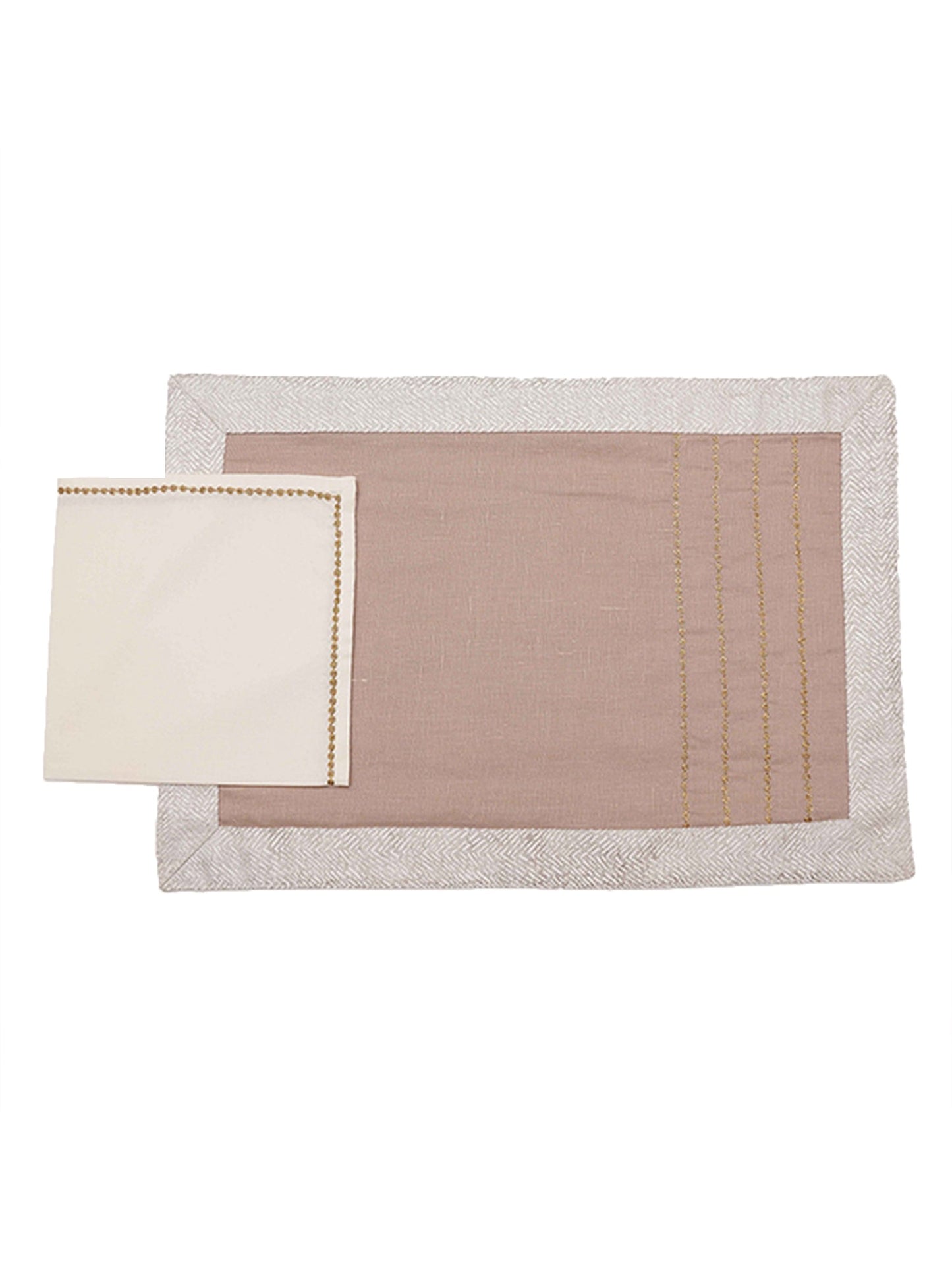 Table Mats and Napkins Cotton and Polyester Embroidered Table Beige and Off-White - 13" x 19" ; 16" x 16" - Set of 6