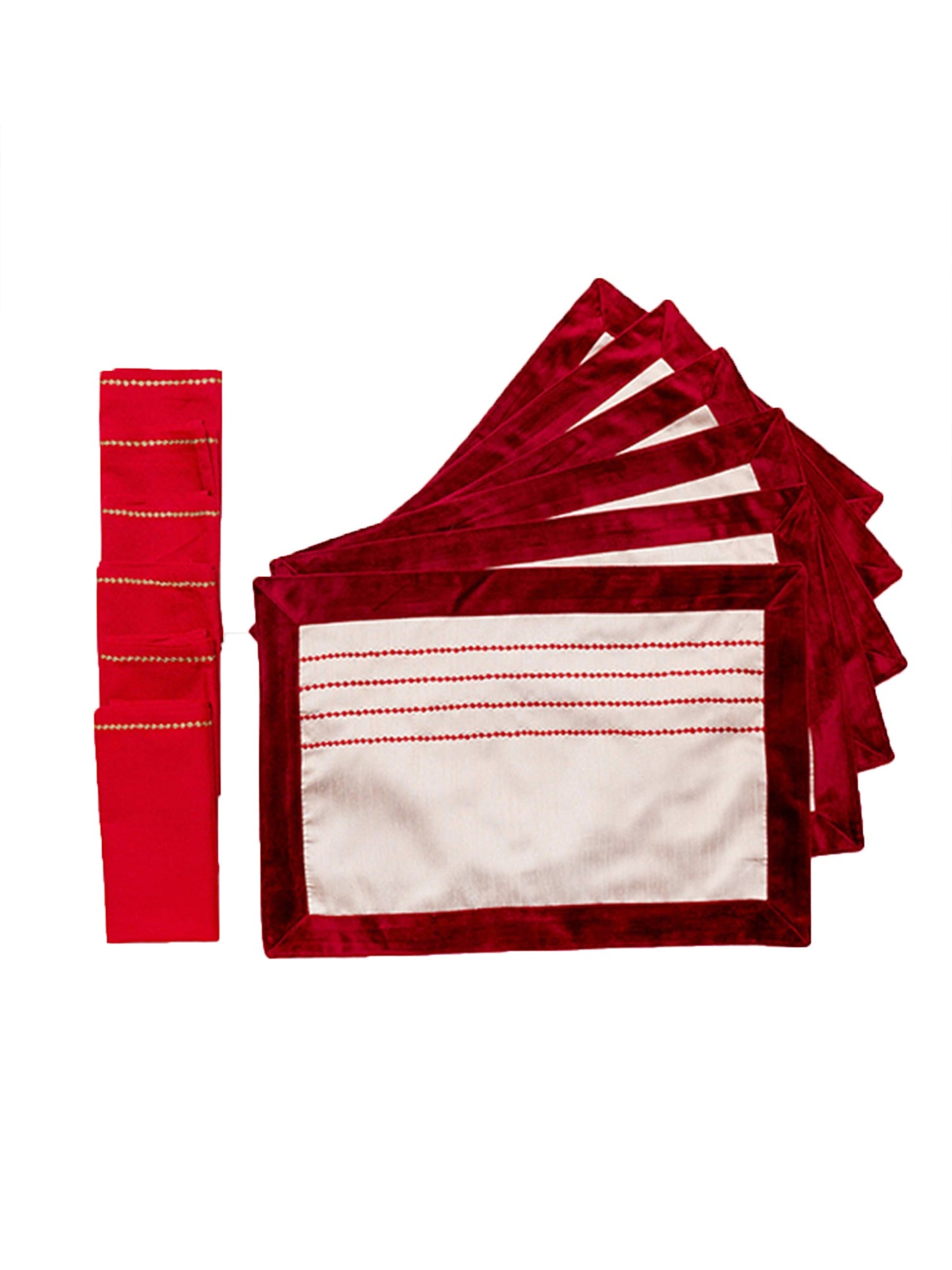 Table Mats and Napkins Polyester and Cotton Embroidered Cream and Maroon - 13" x 19" ; 16" x 16" - Set of 6