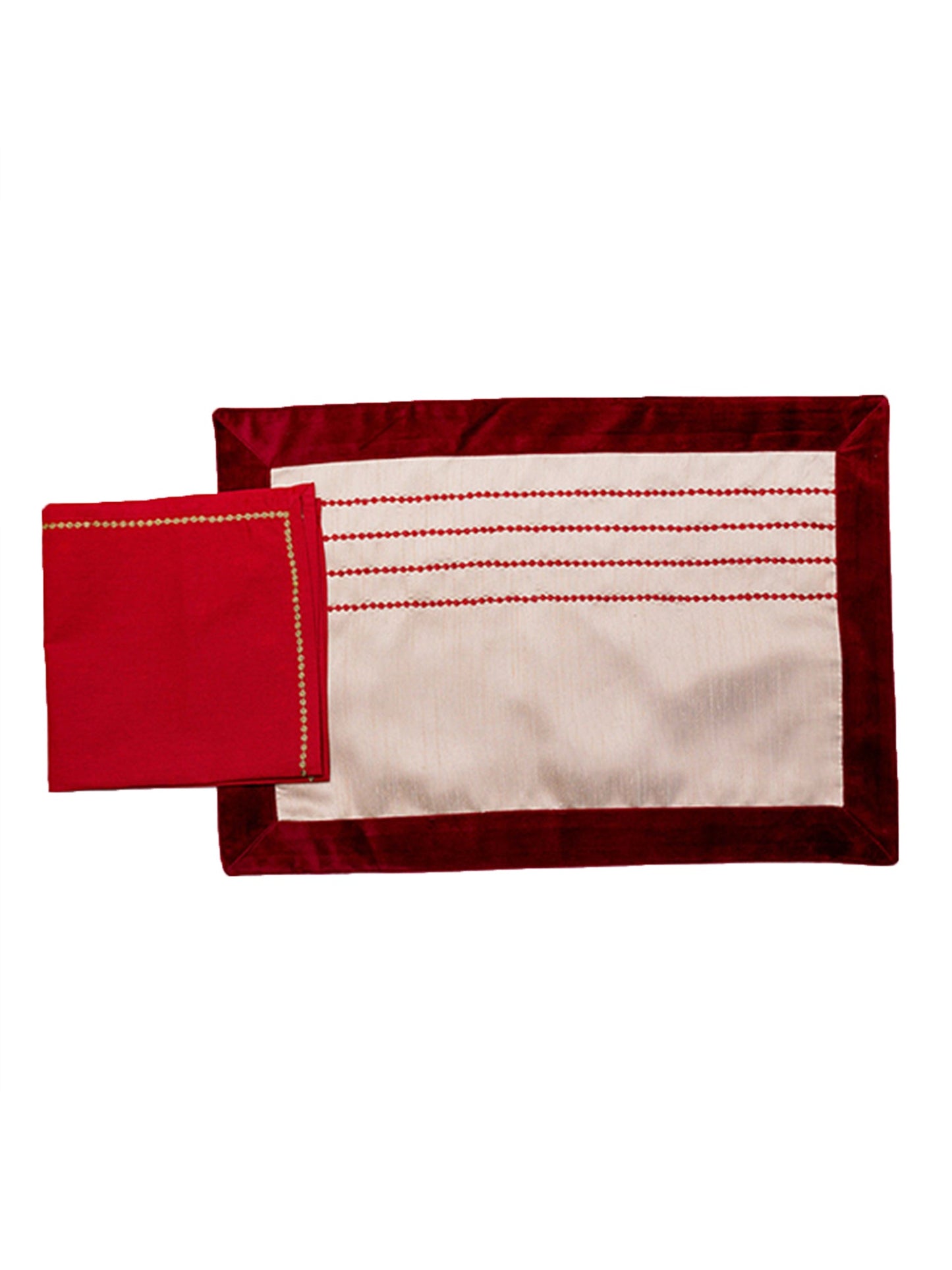 Table Mats and Napkins Polyester and Cotton Embroidered Cream and Maroon - 13" x 19" ; 16" x 16" - Set of 6