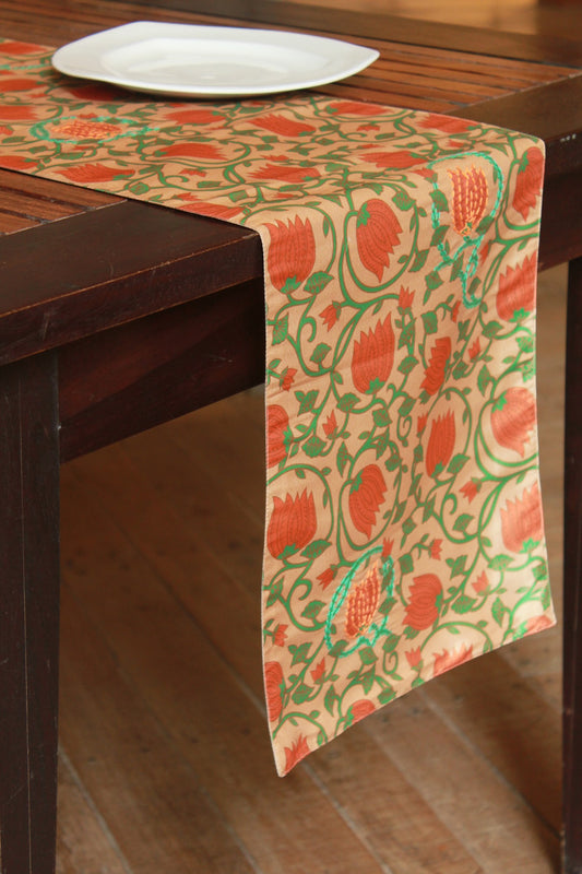 Table Runner 100% Polyester Embroidered with Tulip Prints Kalamkari Rust Green - 12" X 84"