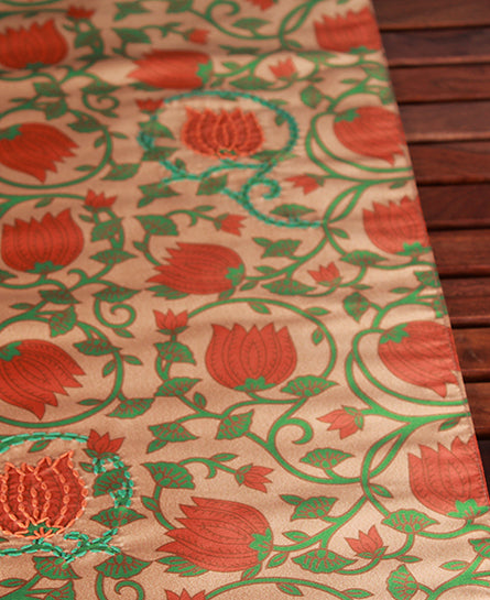 Table Runner 100% Polyester Tulip Kalamkari Printed Rust Green - 12" X 84"