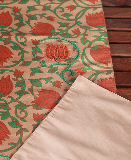 Table Runner 100% Polyester Tulip Kalamkari Printed Rust Green - 12" X 84"