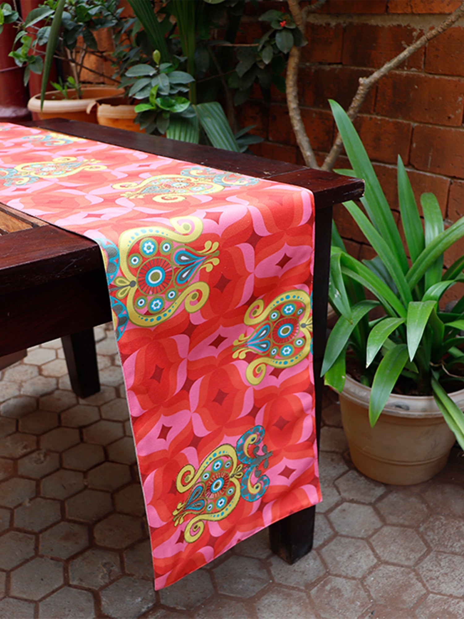 Table Runner Poly Canvas Modern Mughal Printed Coral - 12" X 84"