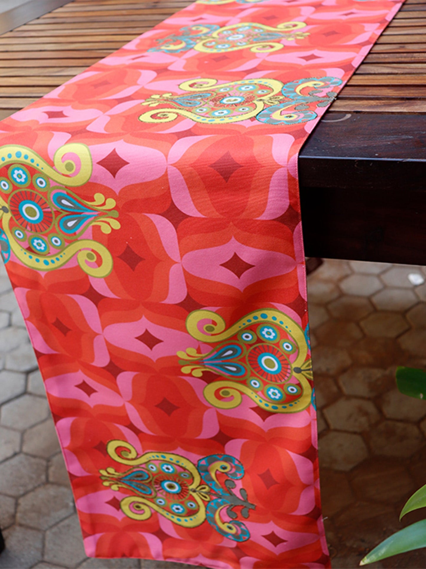 Table Runner Poly Canvas Modern Mughal Printed Coral - 12" X 84"