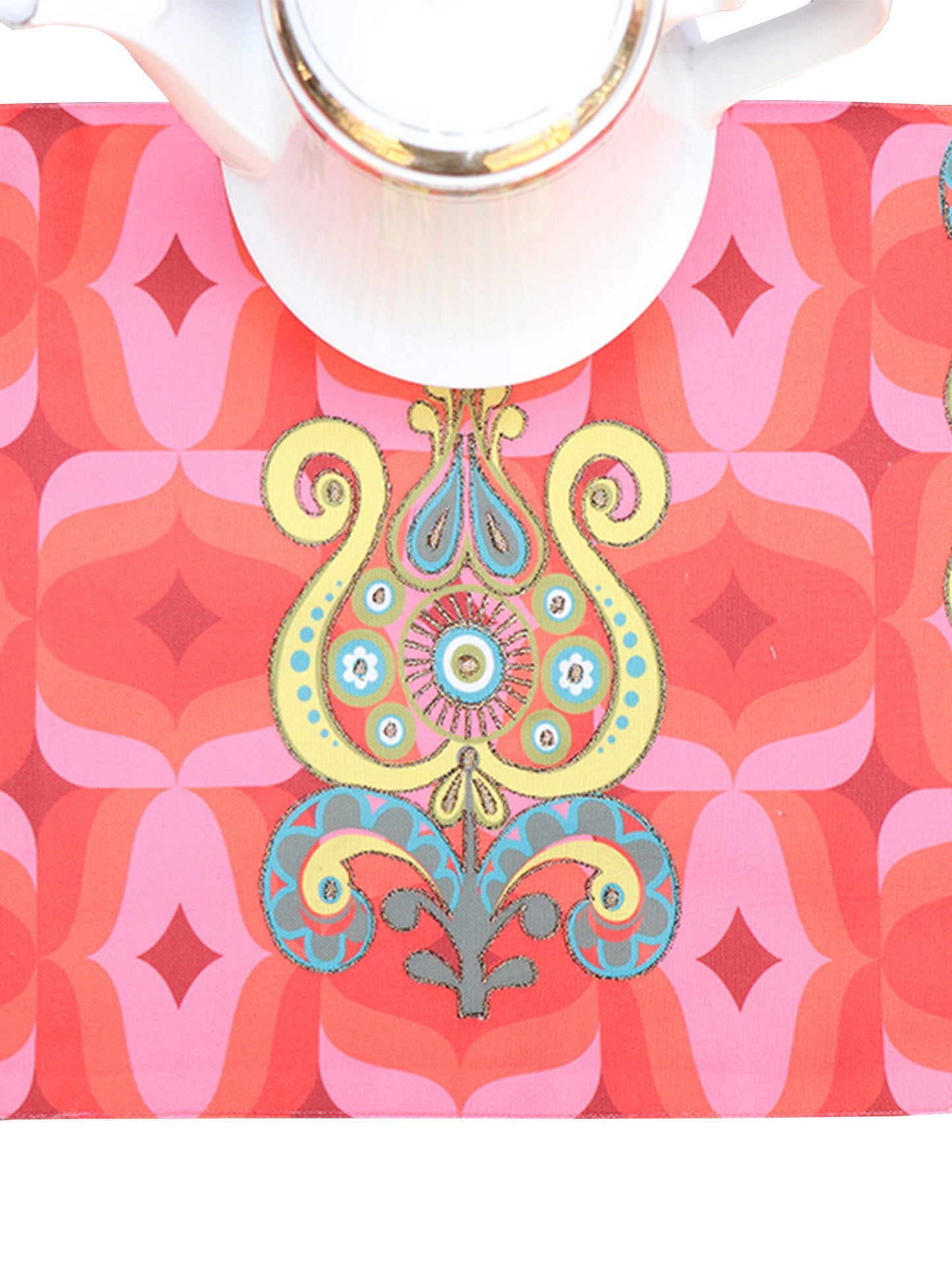 Table Runner Poly Canvas Modern Mughal Printed Coral - 12" X 84"
