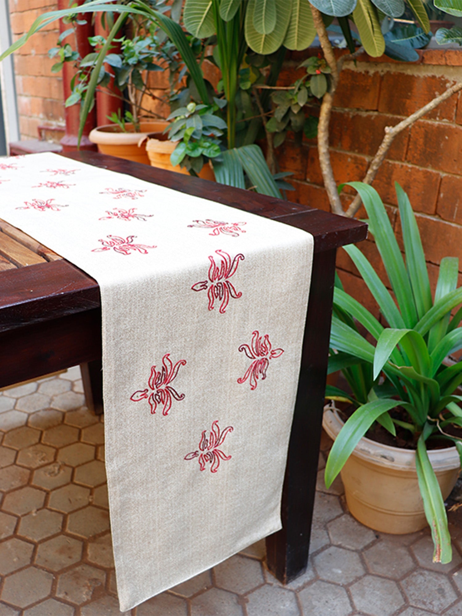 Table Runner Polyester Blend Hand Embroidered Floral | Off White/ Gold - 12in X 84in