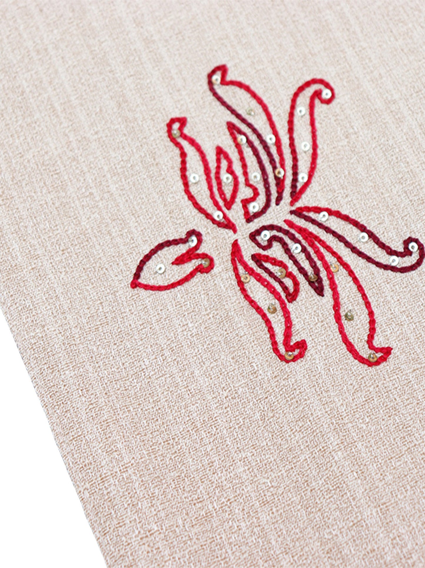 closeup of hand embroidery on white table runner with floral pattern  for 6 seater table - 12x84 inches