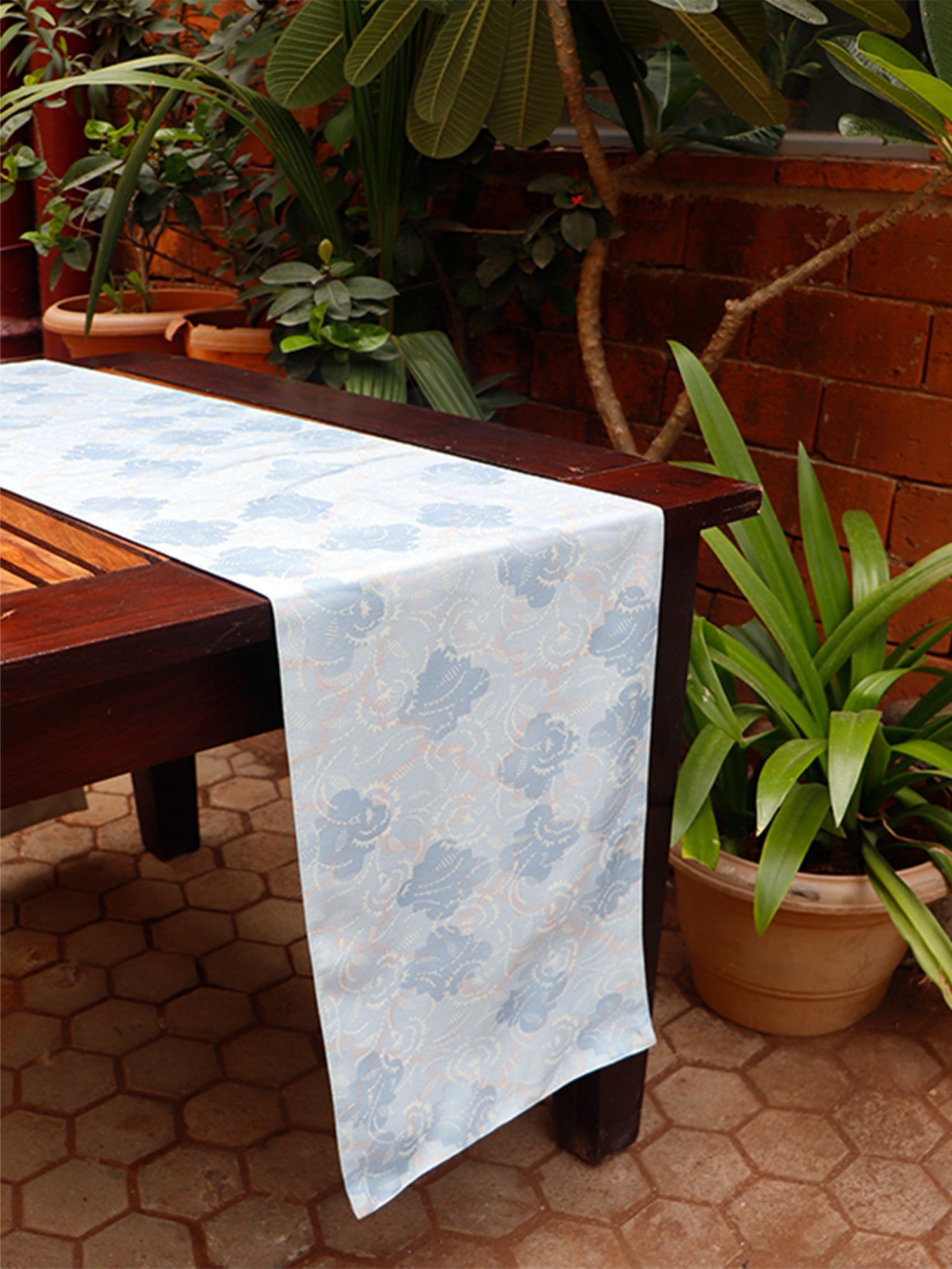 Table Runner Poly Canvas Geometric Jhali Pattern Blue - 12" X 84"