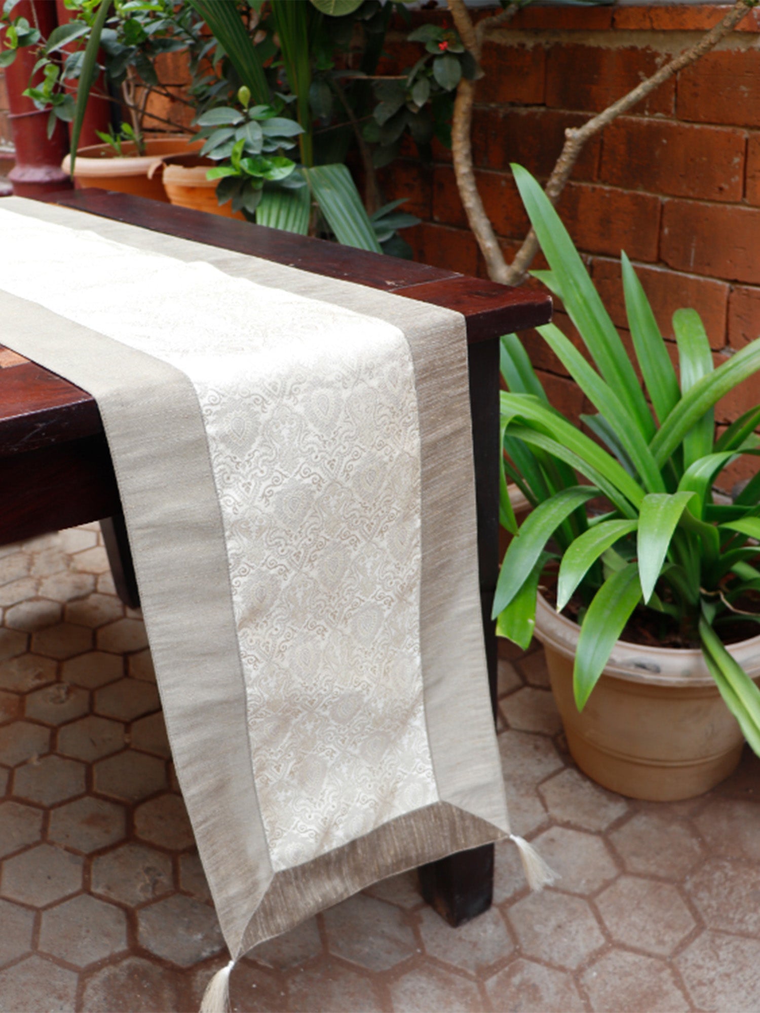 Table Runner 100% Polyester Brocade Patchwork Off White Golden Brown - 12" X 84"