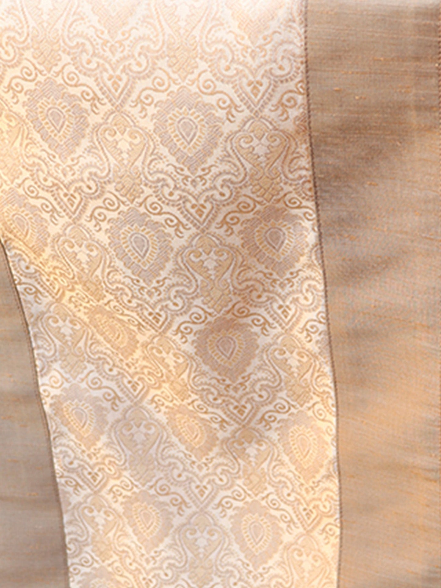 Table Runner 100% Polyester Brocade Patchwork Off White Golden Brown - 12" X 84"