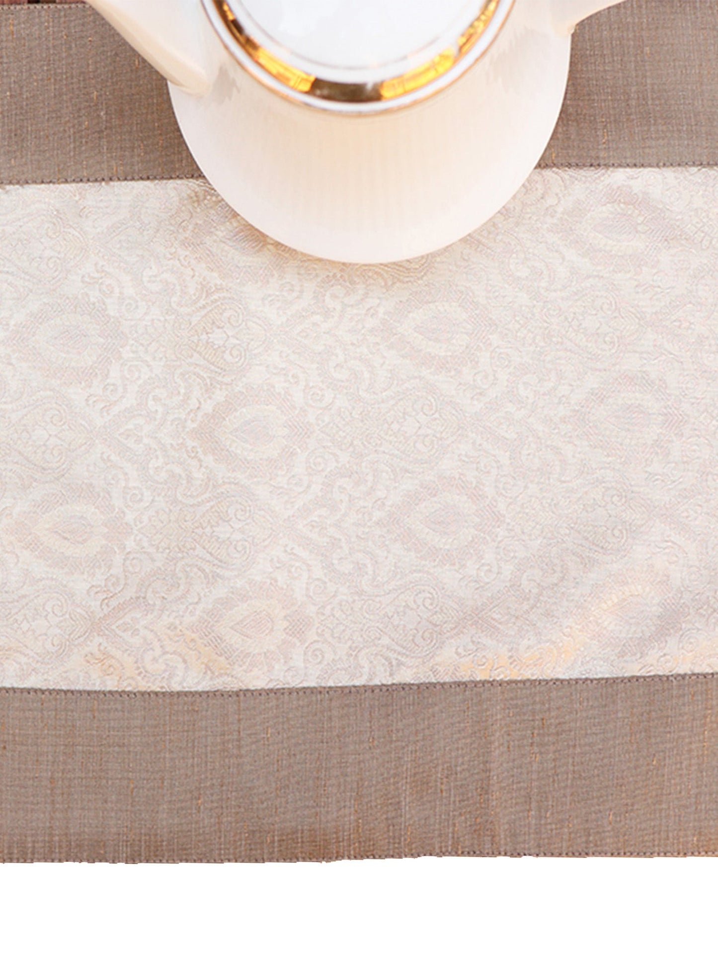 Table Runner 100% Polyester Brocade Patchwork Off White Golden Brown - 12" X 84"