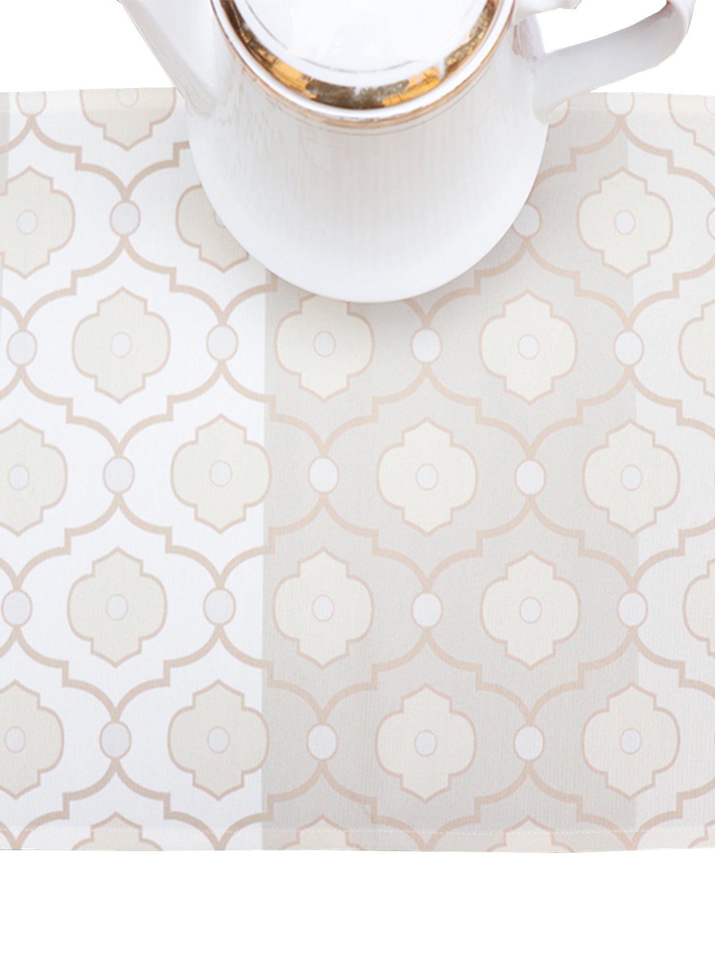 Table Runner Poly Canvas Morroccan Ogee Printed Off White Beige - 12" X 84"