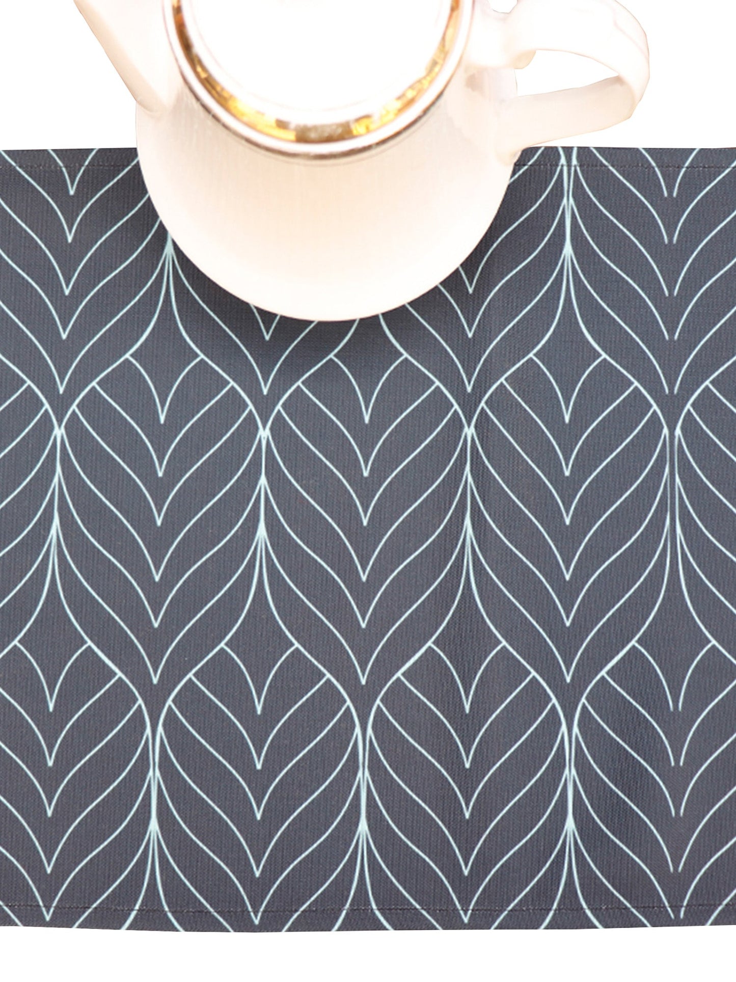Table Runner Poly Canvas Geometric Leaf Motif Printed Black - 12" X 84"