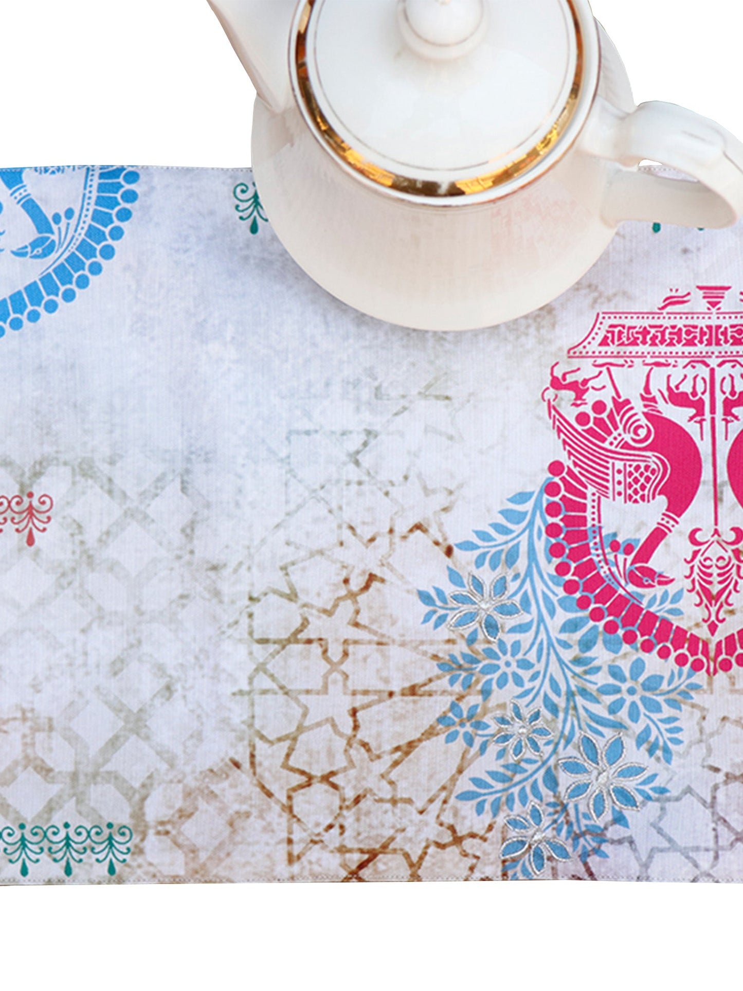 Table Runner Poly Canvas Abstract Jaipur Print With Embroidery Multi - 12" X 84"