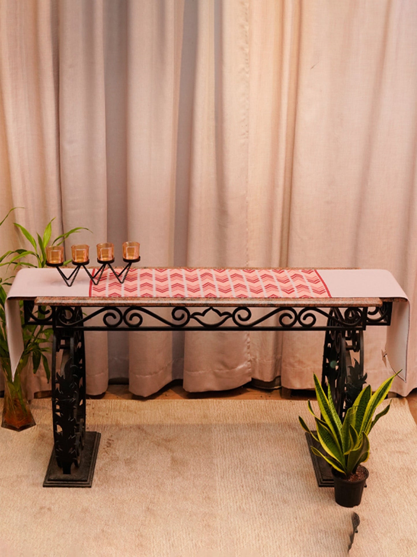 Table Runner Poly Canvas Geometric Print Beige Coral - 12" X 84"