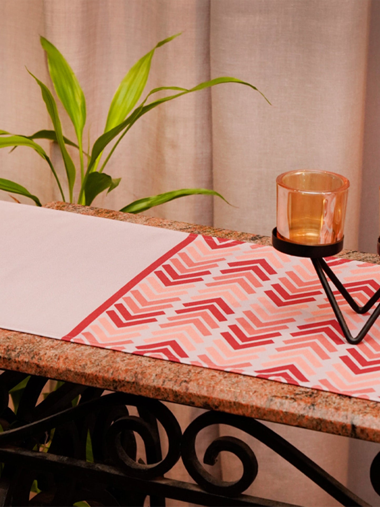 Table Runner Poly Canvas Geometric Print Beige Coral - 12" X 84"
