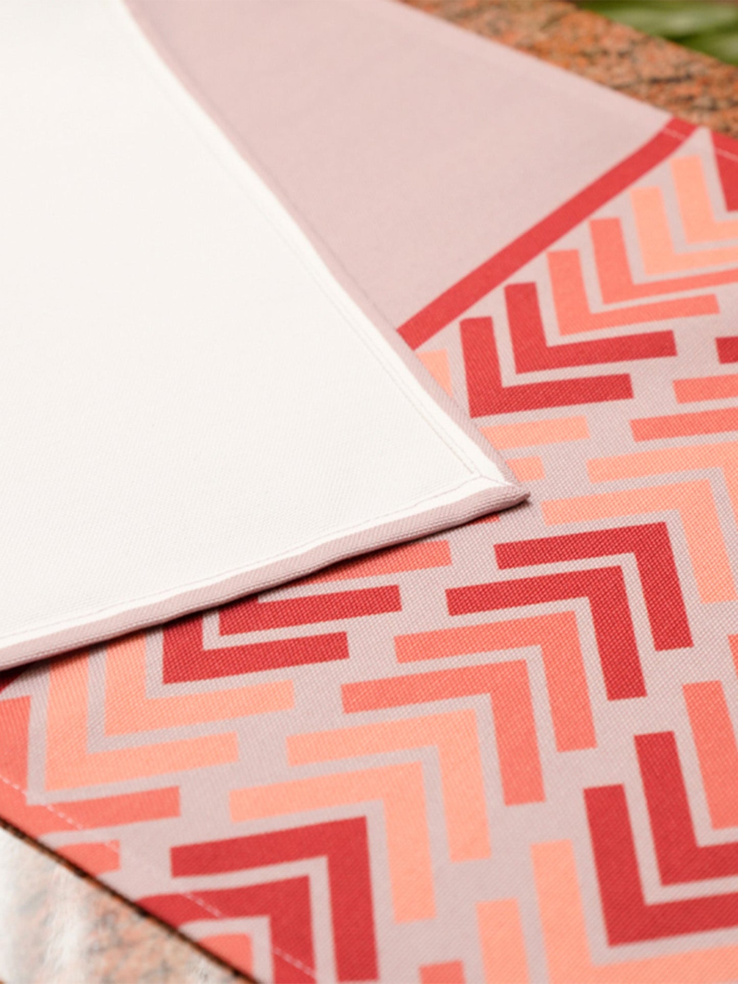 Table Runner Poly Canvas Geometric Print Beige Coral - 12" X 84"