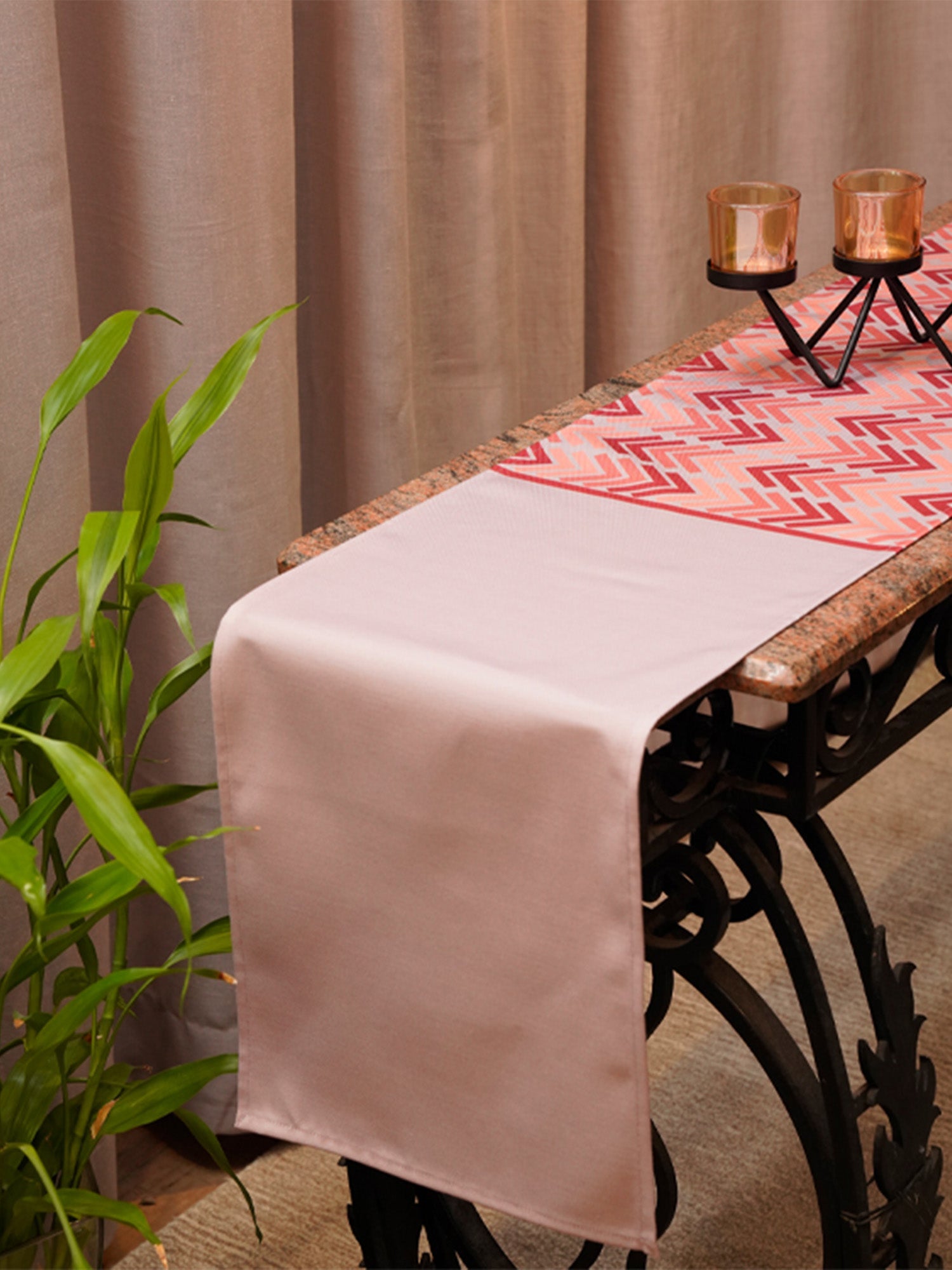Table Runner Poly Canvas Geometric Print Beige Coral - 12" X 84"