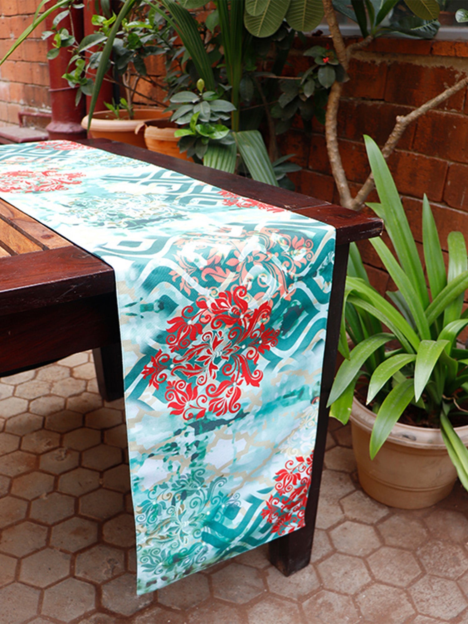 Table Runner Poly Canvas Print With Embroidered Green - 12" X 84"