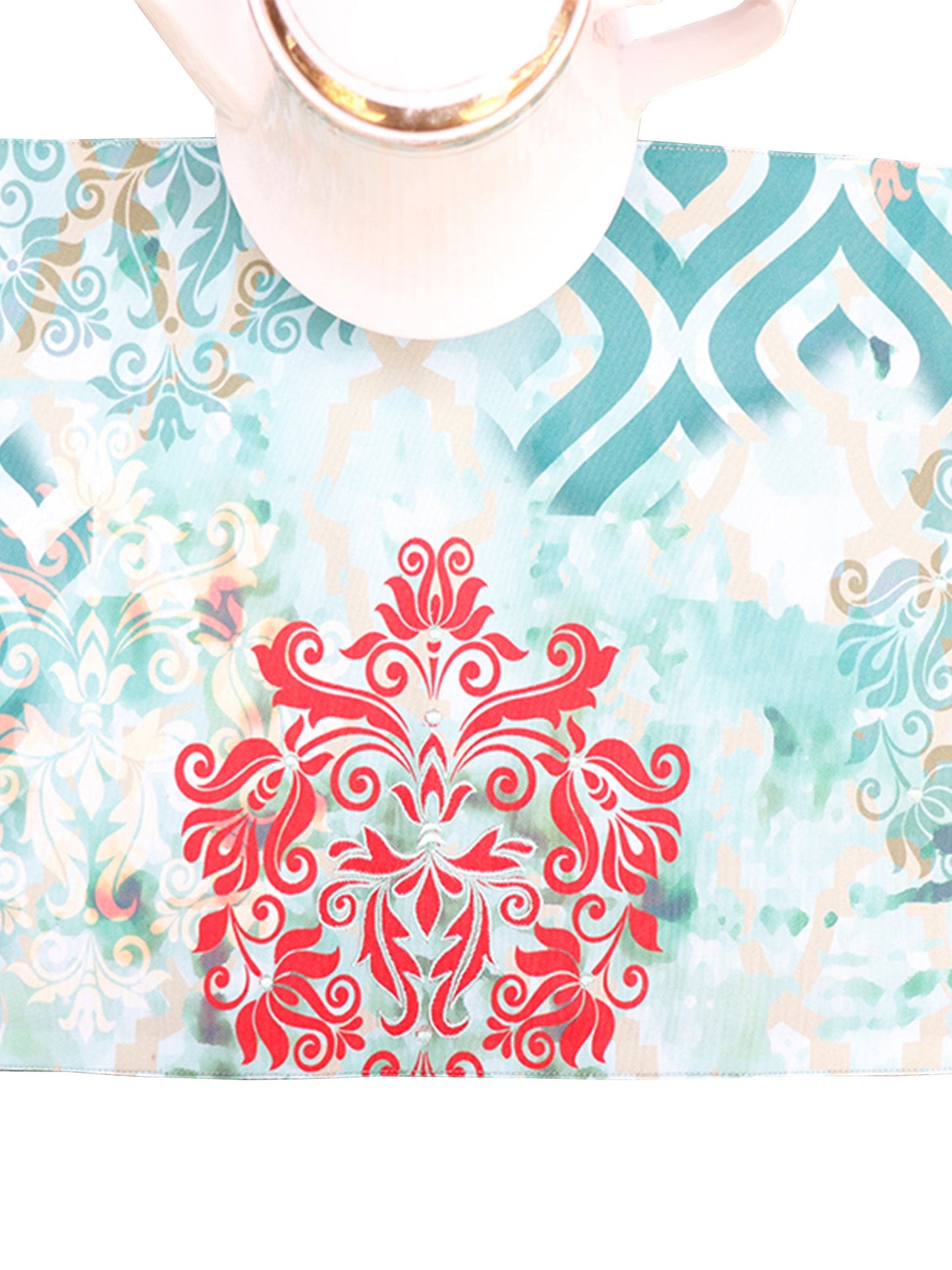 Table Runner Poly Canvas Print With Embroidered Green - 12" X 84"