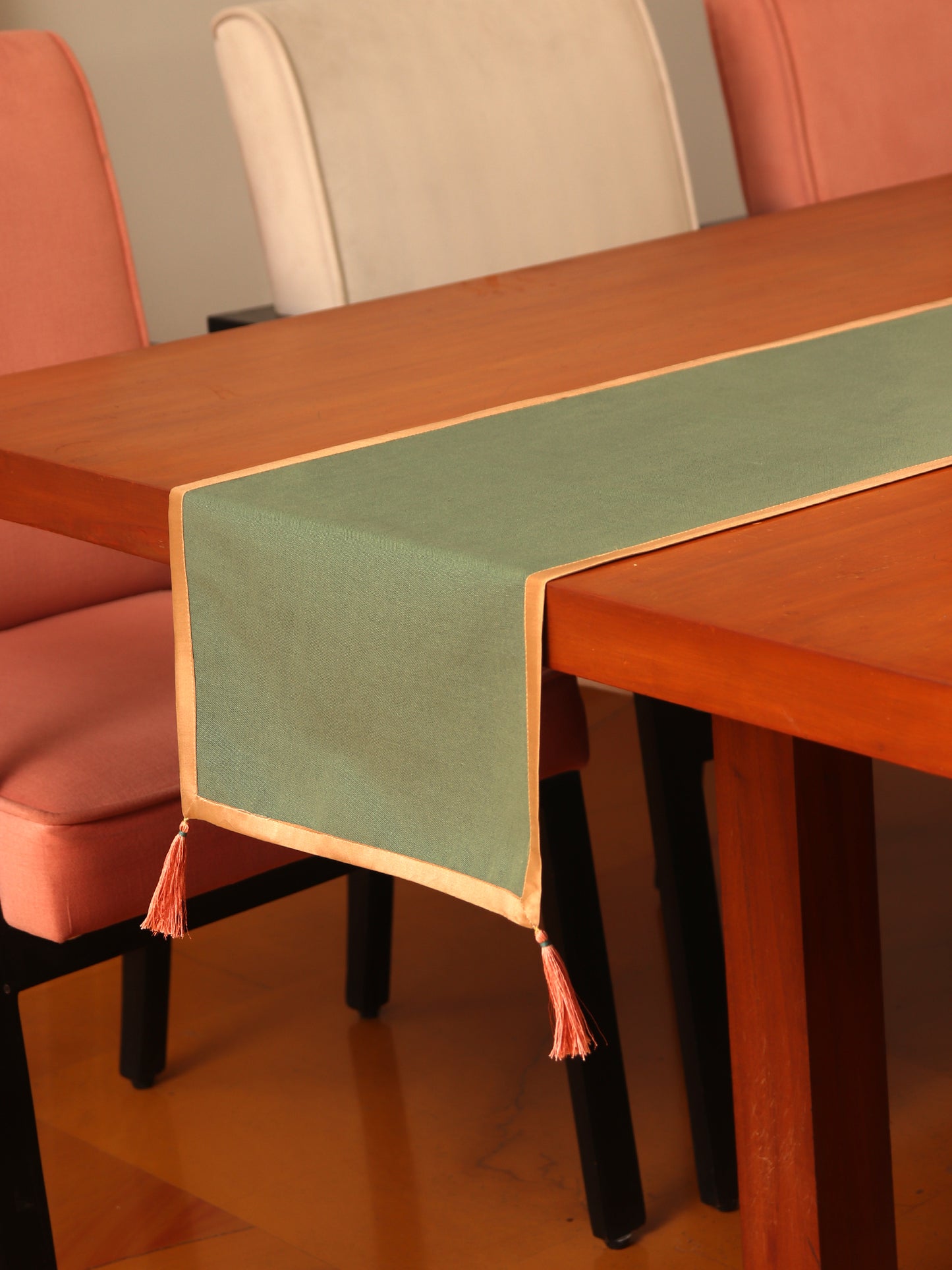 Table Runner for 4/6 seater Cotton Poly Blend with Tassels Green - 12in x 84in