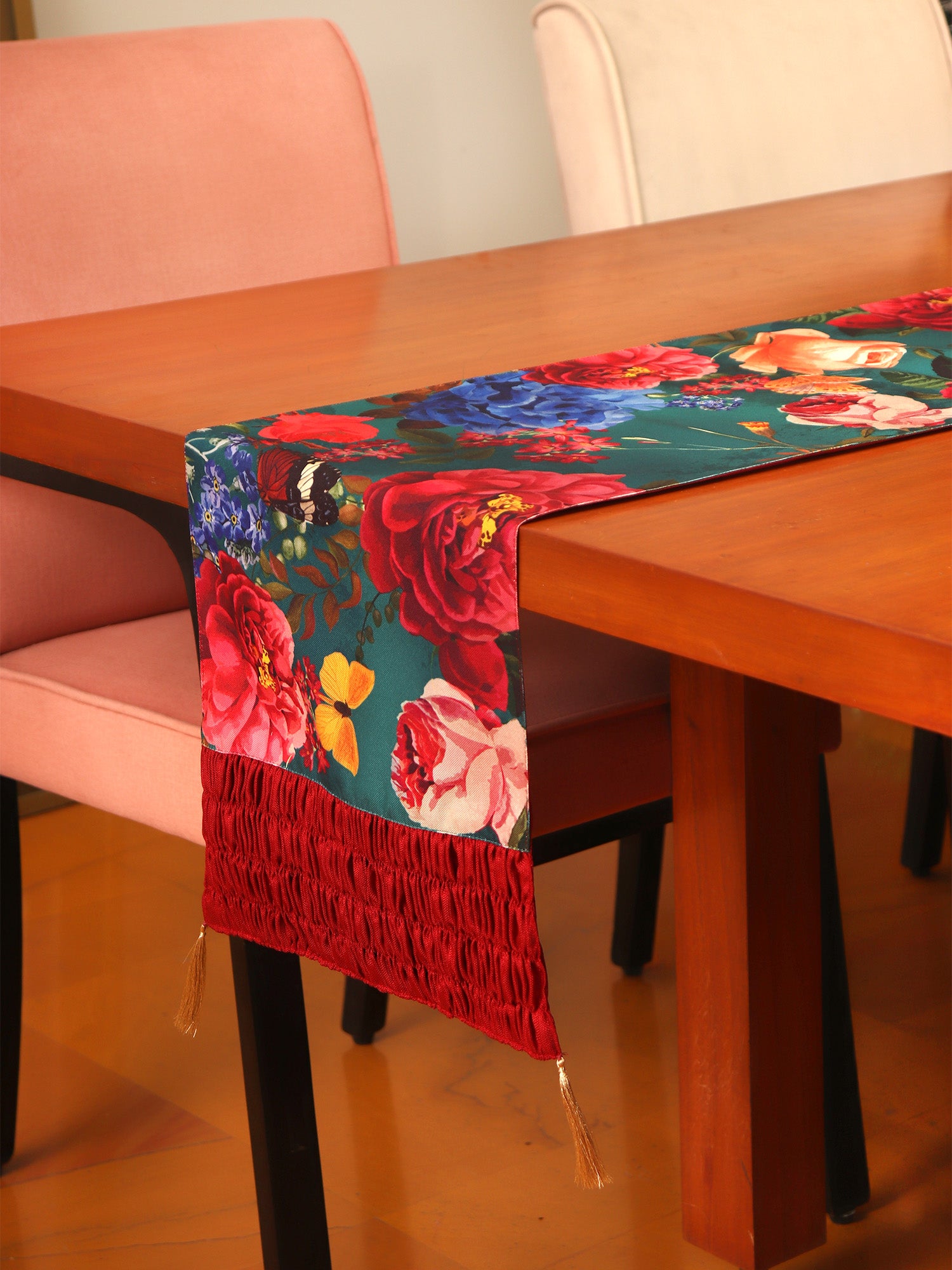Table Runner for 4/6 Seater Floral Printed with Patchwork and Gather Pleated with Tassels Polyester Blend Red - 12in x 84in