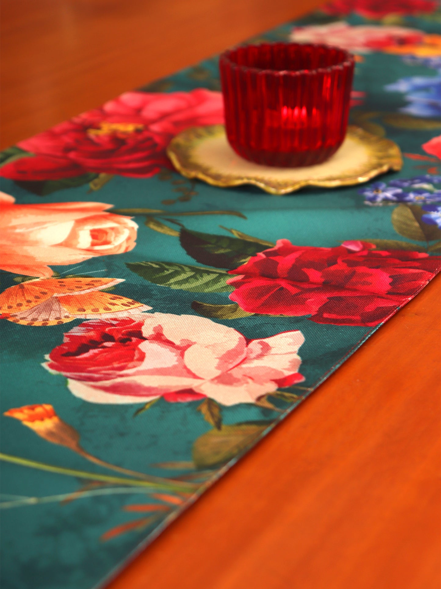 Table Runner for 4/6 Seater Floral Printed with Patchwork and Gather Pleated with Tassels Polyester Blend Red - 12in x 84in