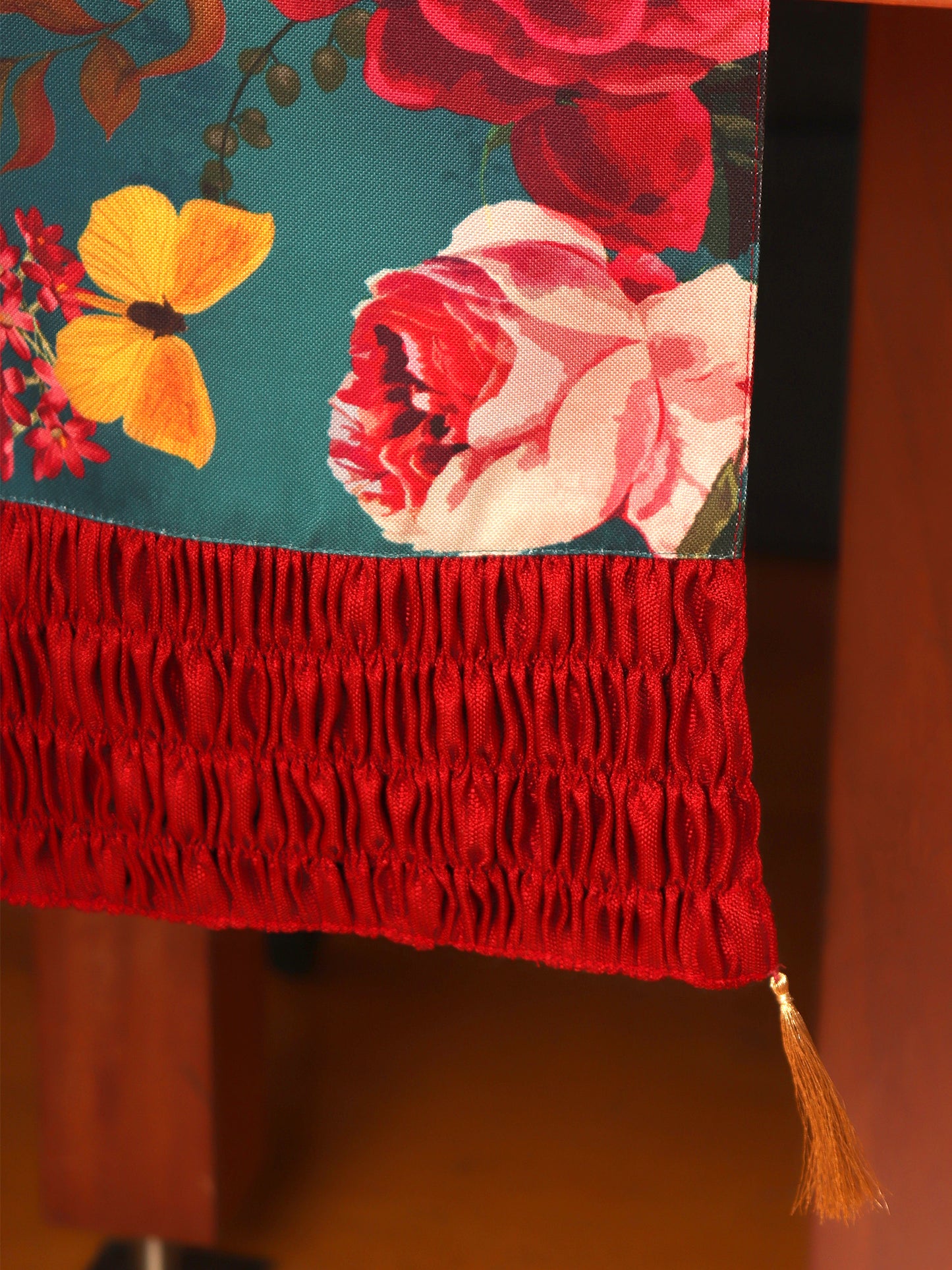 Table Runner for 4/6 Seater Floral Printed with Patchwork and Gather Pleated with Tassels Polyester Blend Red - 12in x 84in