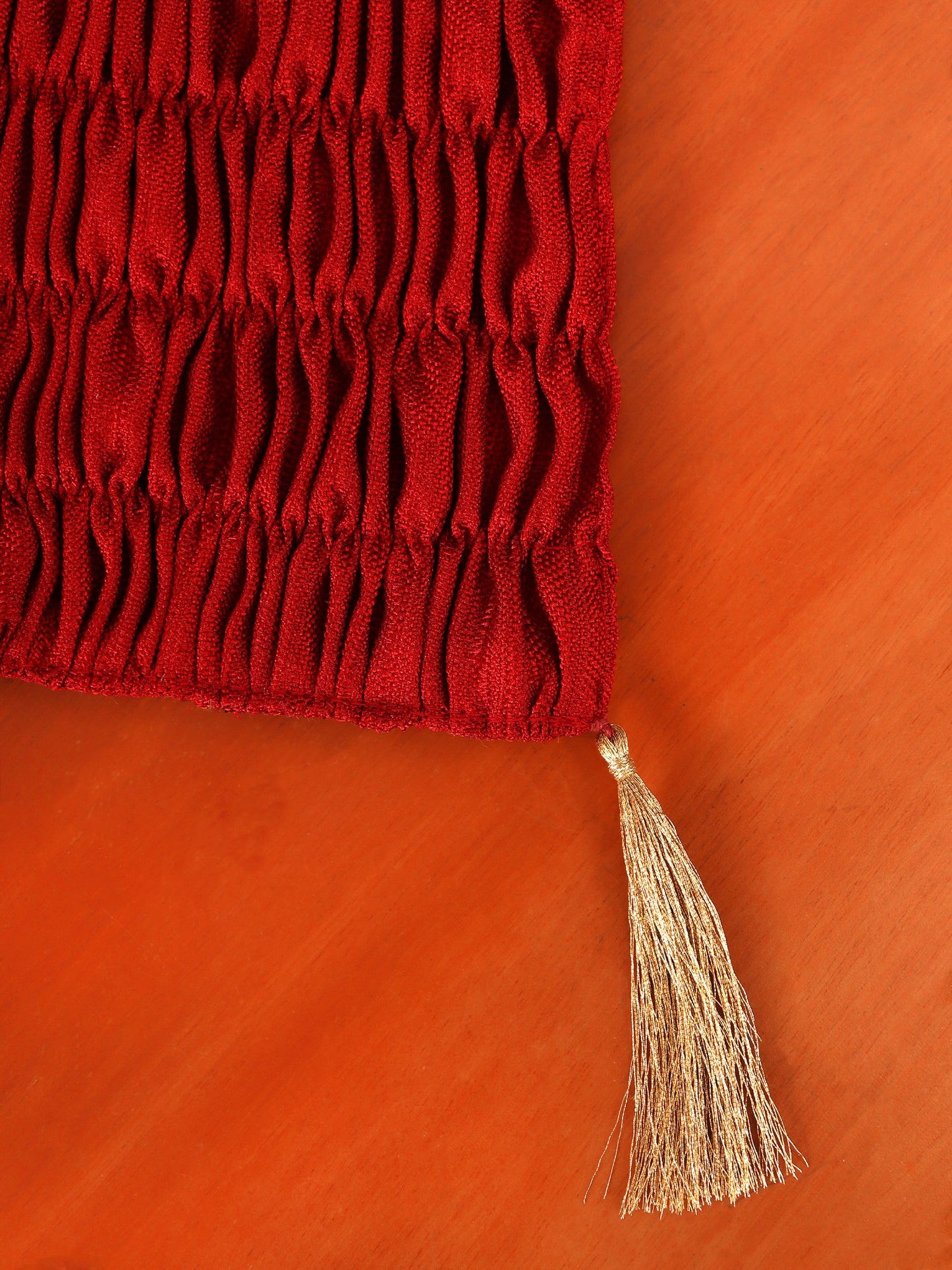 Table Runner for 4/6 Seater Floral Printed with Patchwork and Gather Pleated with Tassels Polyester Blend Red - 12in x 84in