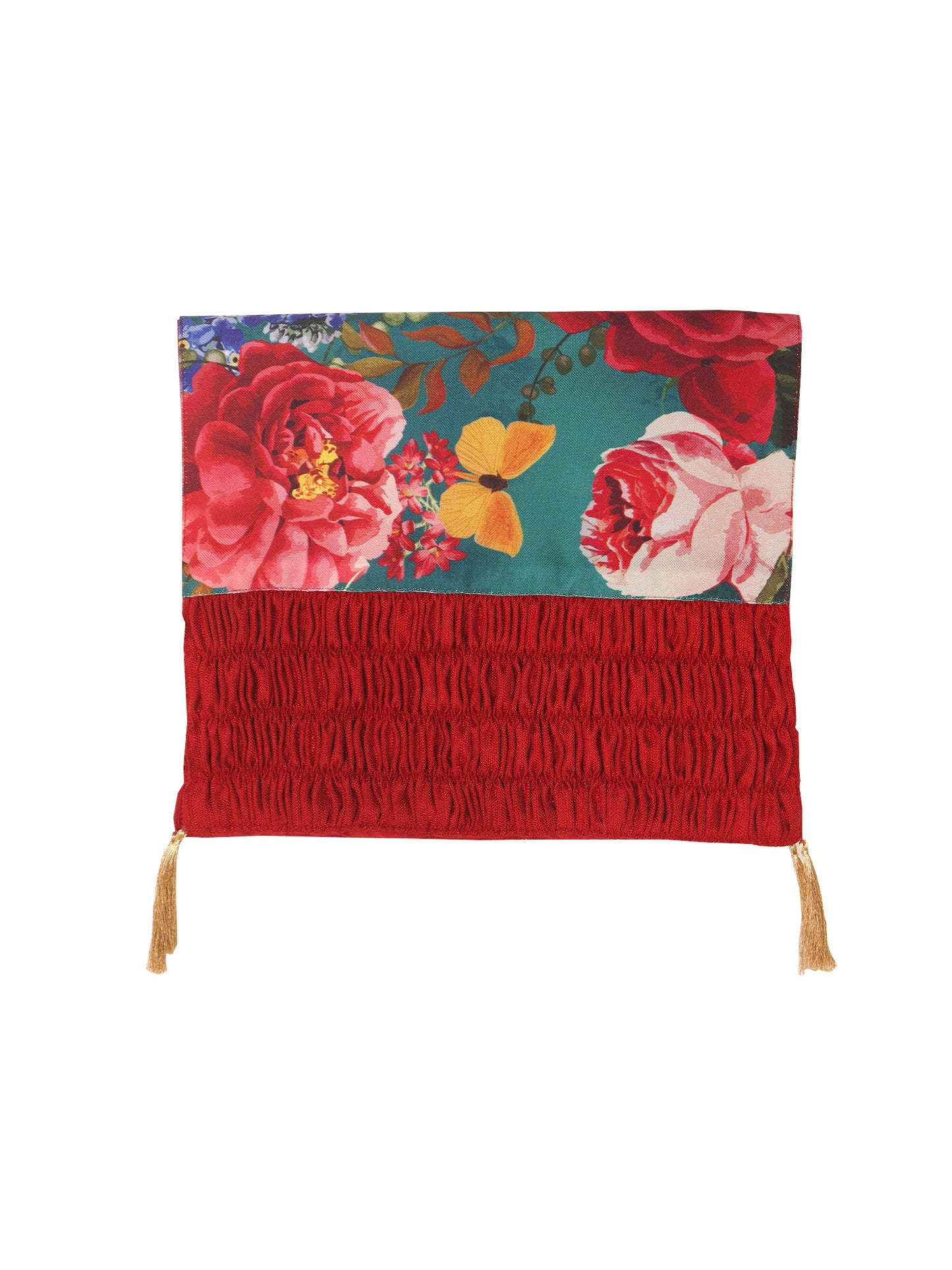 Table Runner for 4/6 Seater Floral Printed with Patchwork and Gather Pleated with Tassels Polyester Blend Red - 12in x 84in