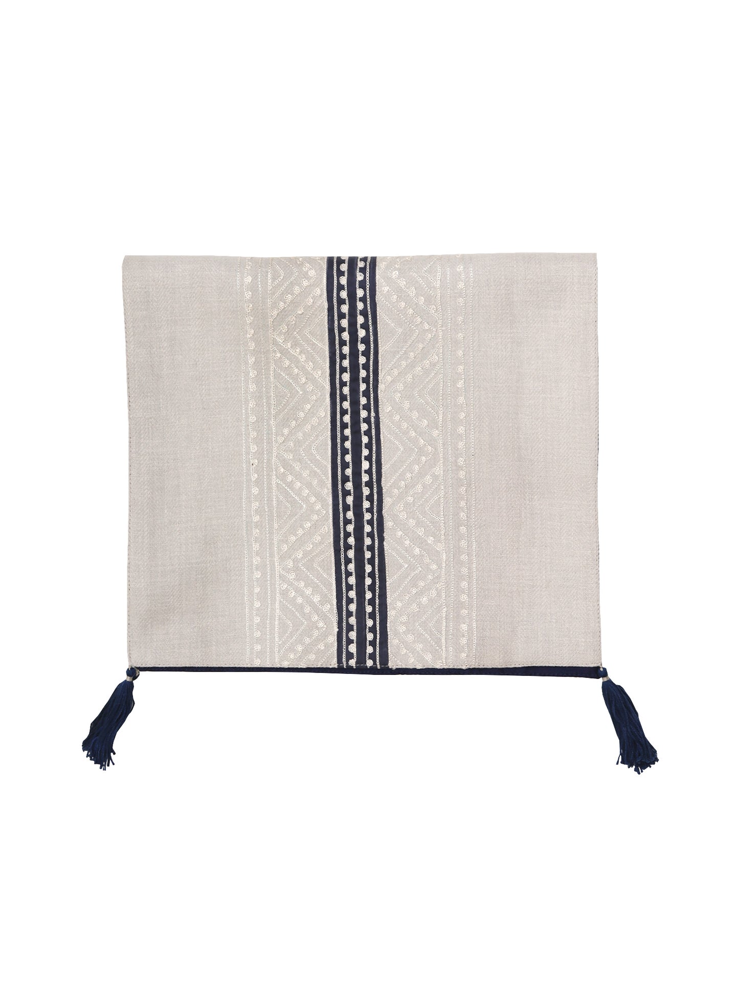 grey colored embroidered table runner with tassels on corners for 6 seater table - 52x84 inches.