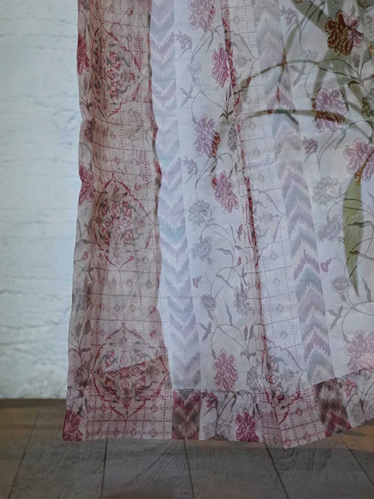 Door Transparent Sheer Curtain Polyester Mughal-Ikat Patchwork Beige - 54" X 90"