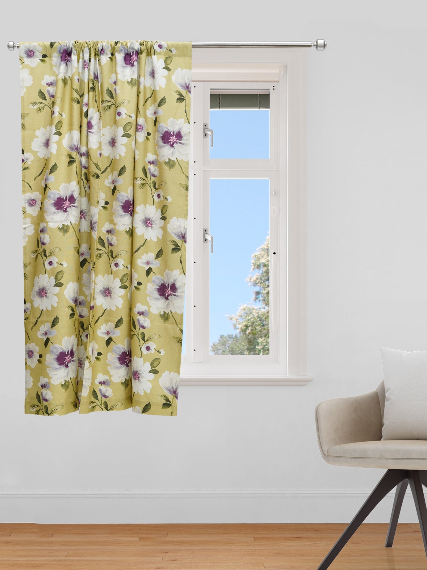Window Curtain Cotton Blend Floral Olive Green with White 50" X 60"