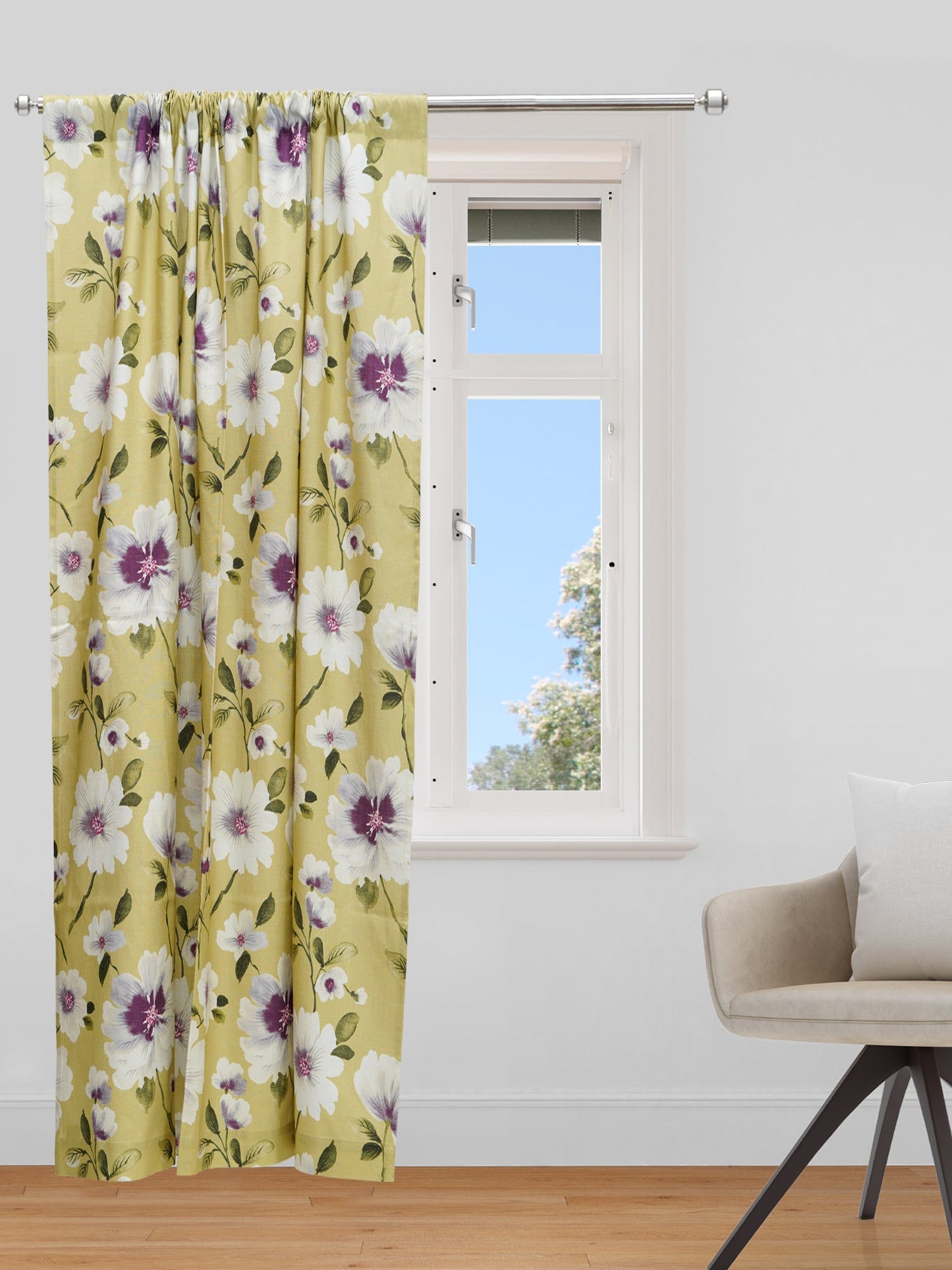 Door Curtain Cotton Blend Floral Olive Green with White - 84" X 50"