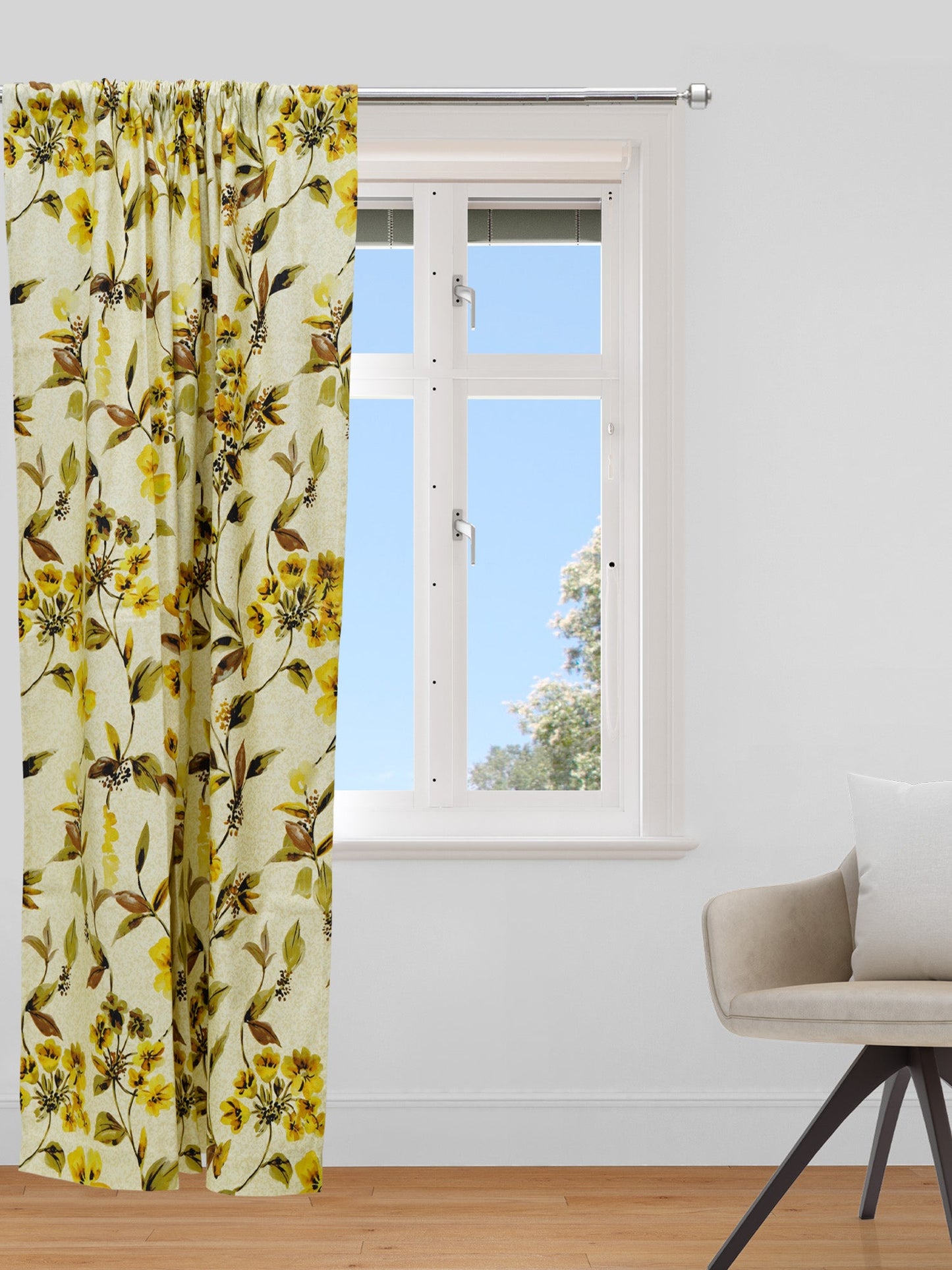 Door Curtain Cotton Blend Floral Light Yellow - 84" X 50"