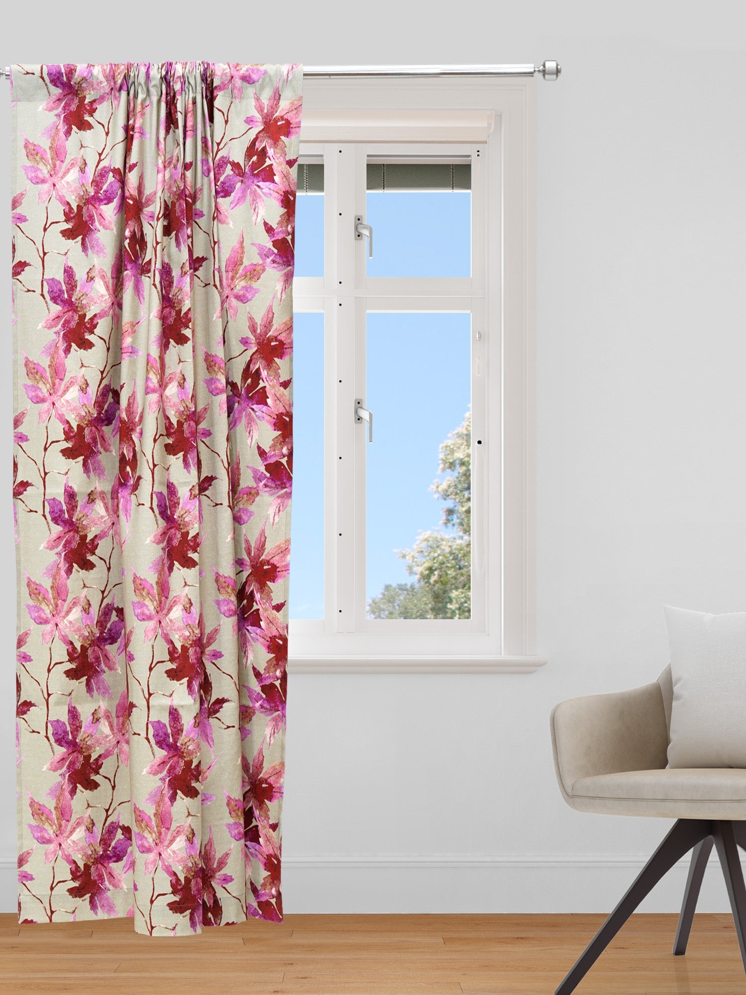 Door Curtain Cotton Blend Floral Beige with Pink - 84" X 50"