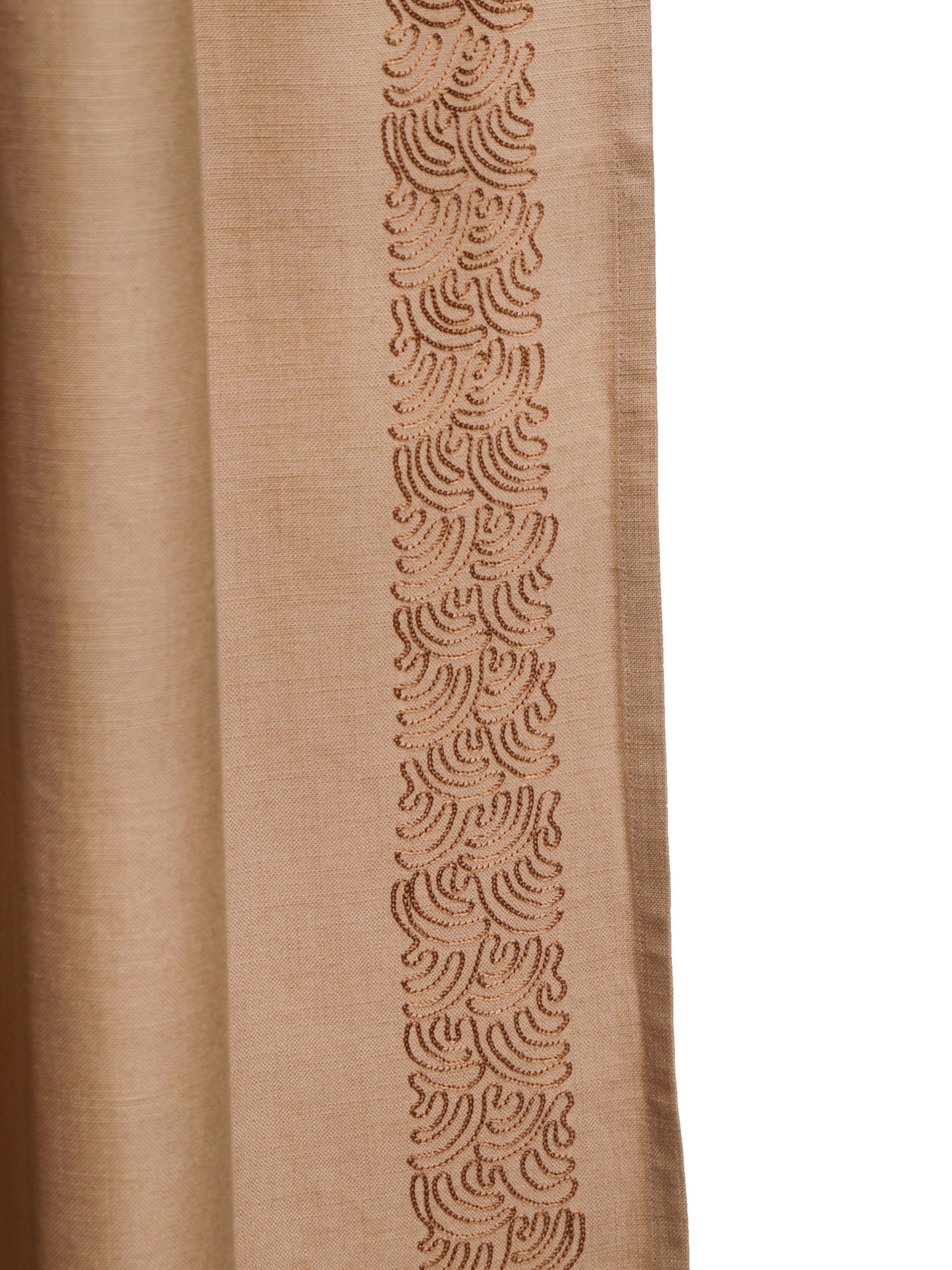 closeup of side embroidered door curtains with rod pocket in beige, 7.5 feet - 52x90 inch