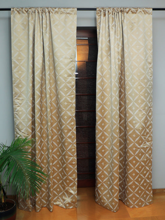 set of 2, two tone light golden door curtains in floral print, 7.5 feet - 52x90 inch