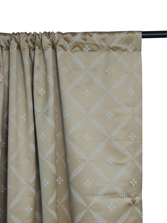 closeup of two tone light golden door curtains in floral print with rod pocket, 7.5 feet - 52x90 inch