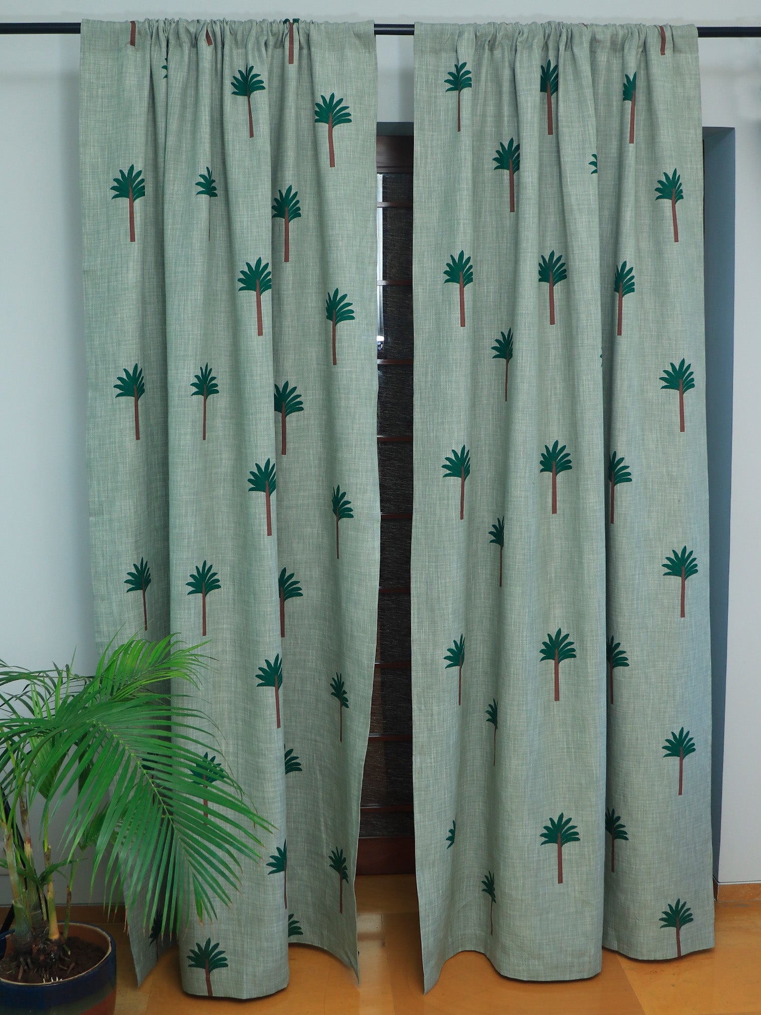 Door Curtain Screen Printed Coconut Tree Rod Pocket Green - 52" X 90"