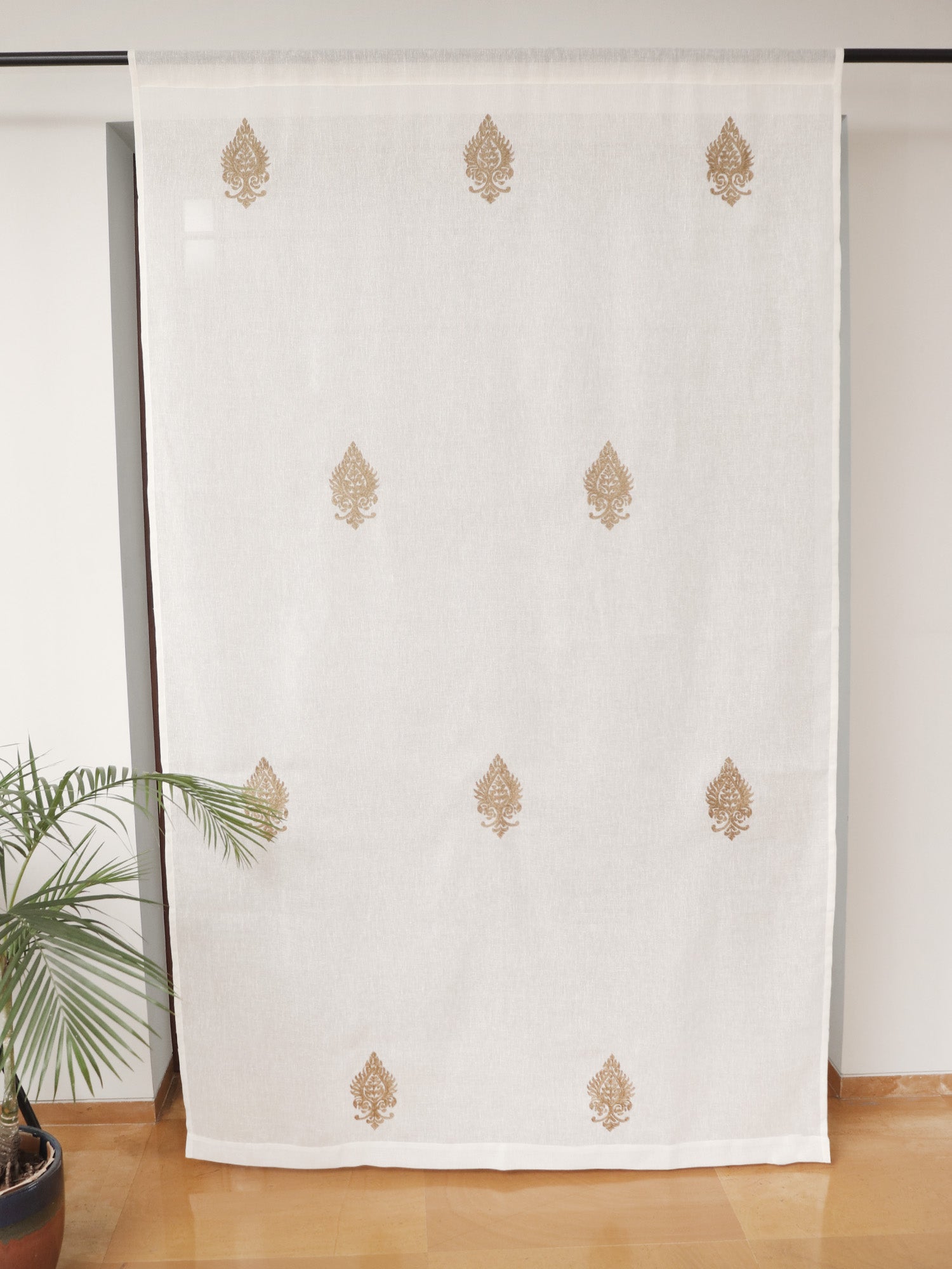 Door Semi Transparent Sheer Polyester with Golden Embroidered Motif Beige - 54" x 84"