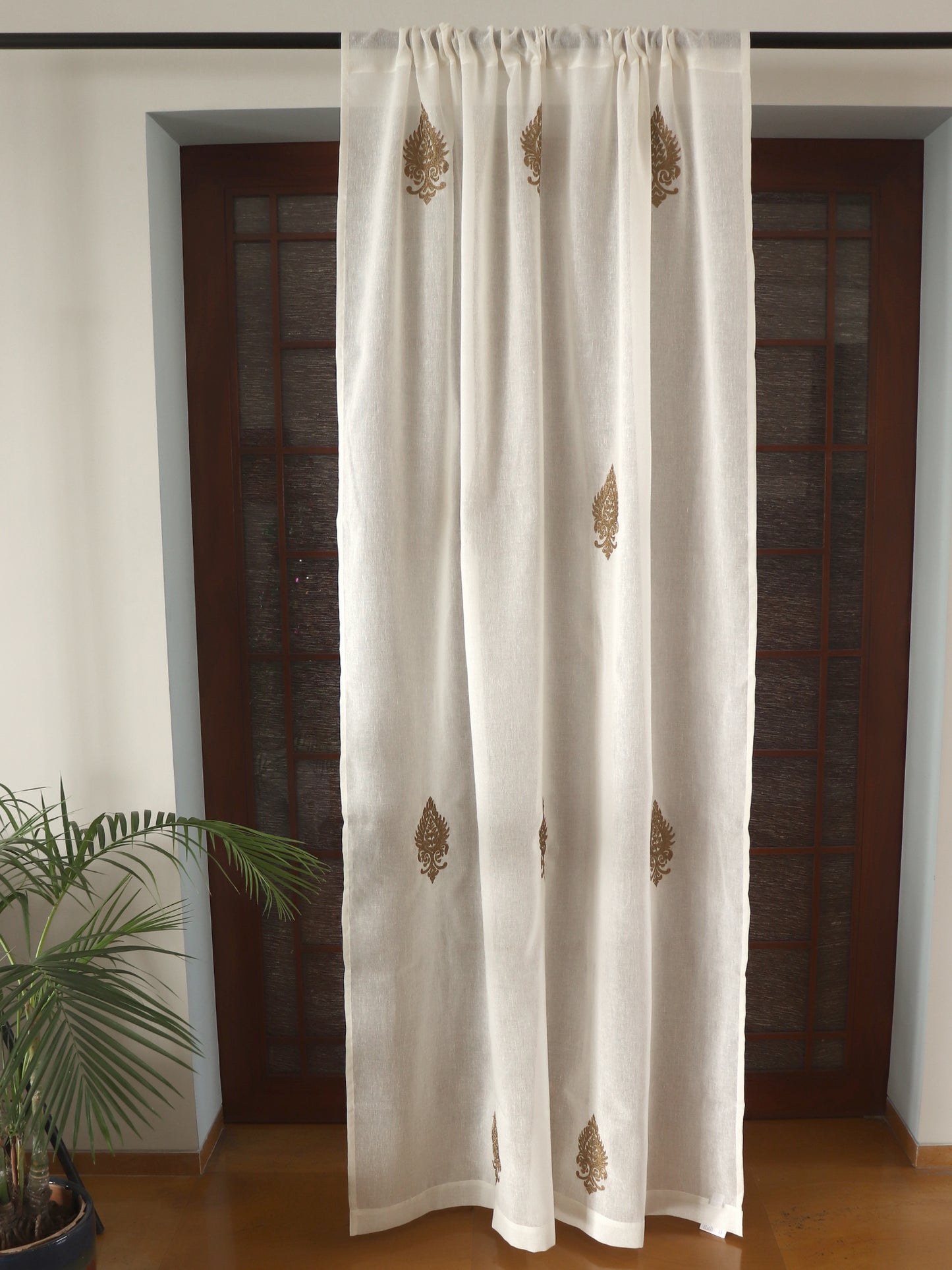 Door Semi Transparent Sheer Polyester with Golden Embroidered Motif Beige - 54" x 84"
