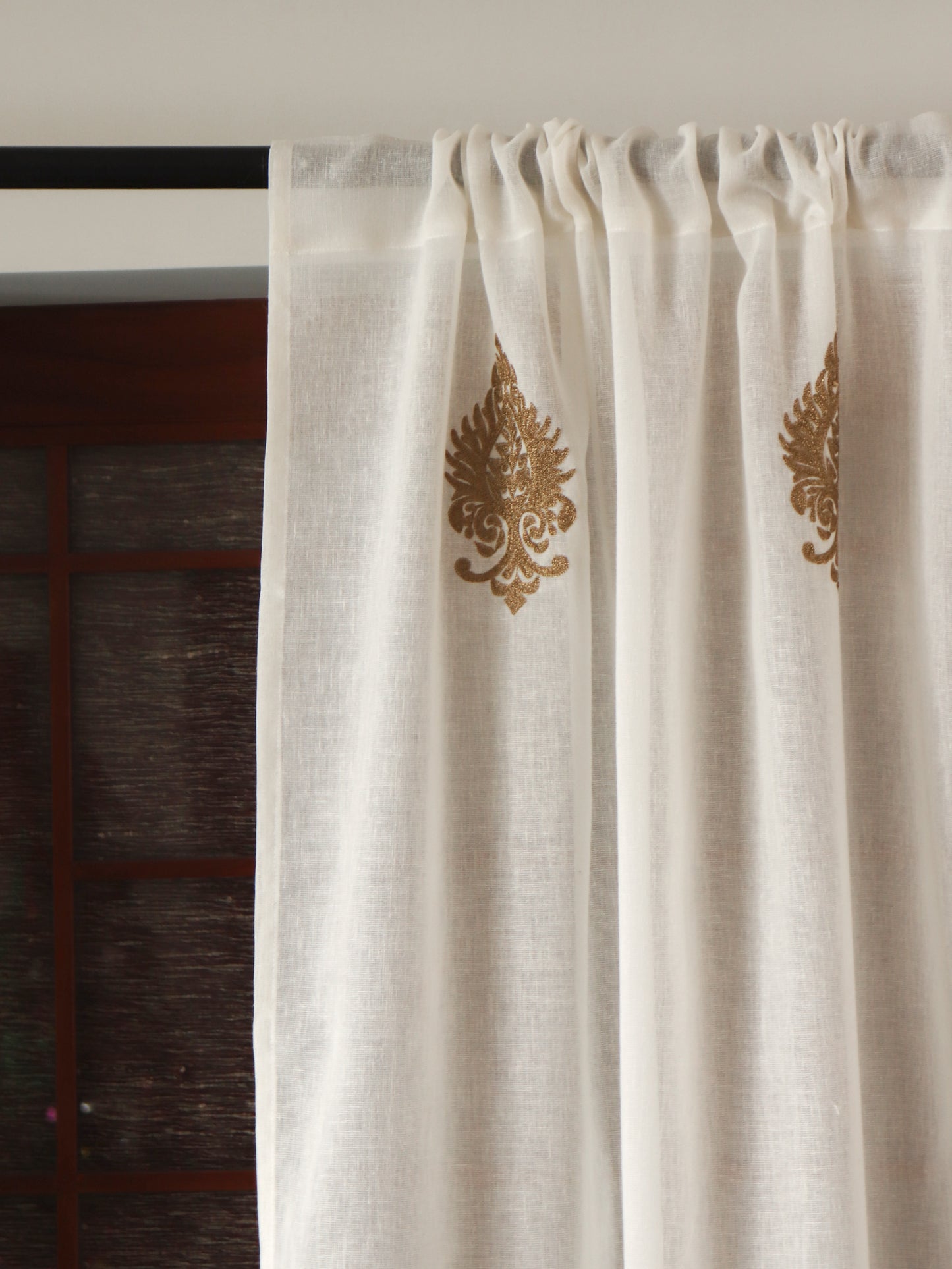 Door Semi Transparent Sheer Polyester with Golden Embroidered Motif Beige - 54" x 84"