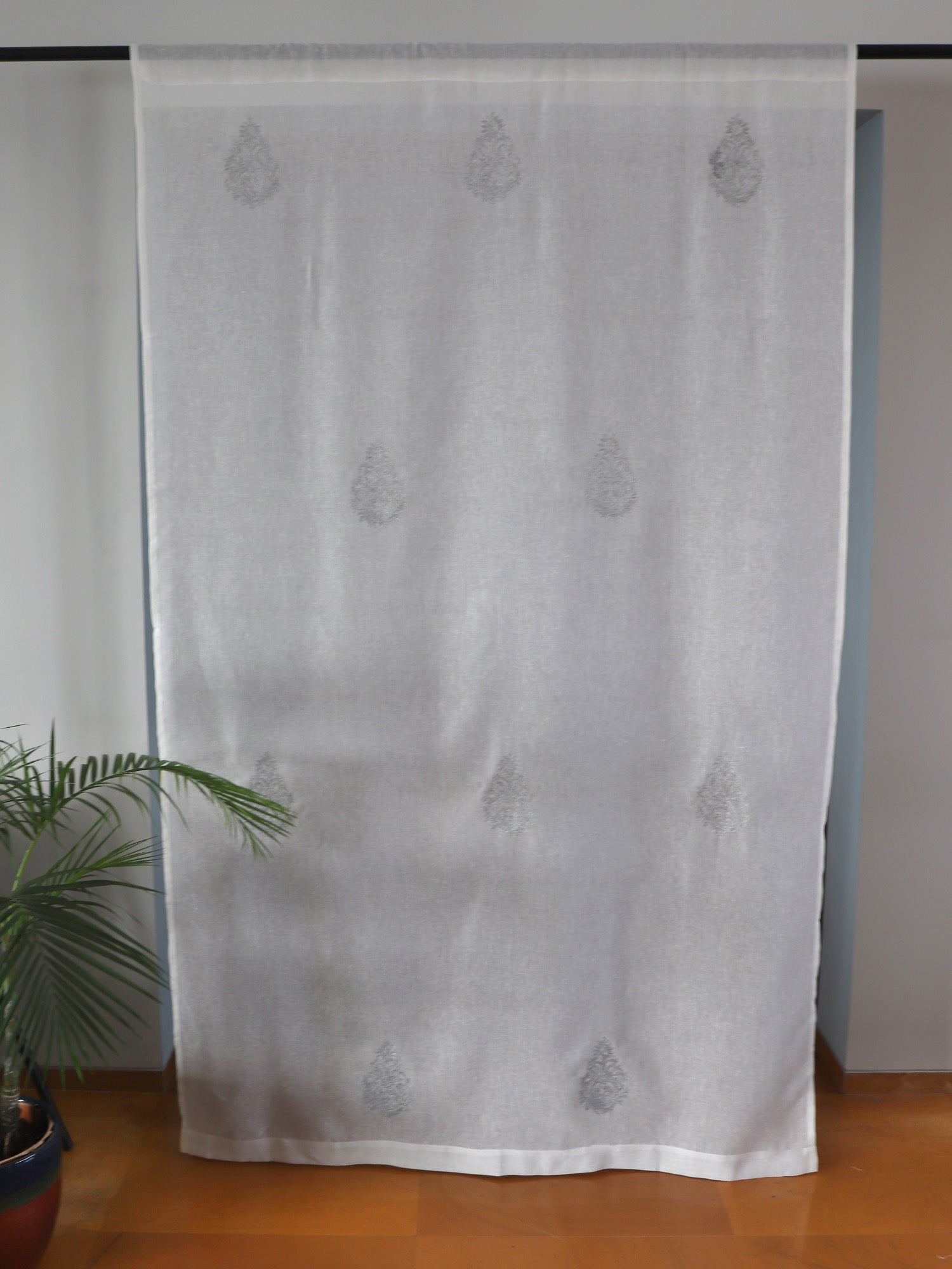 Door Semi Transparent Sheer Polyester with Silver Embroidered Motif White - 54" x 84"