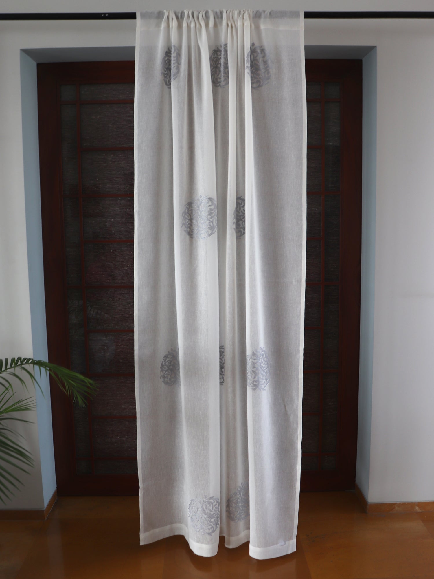 Door Semi Transparent Sheer Polyester with Silver Floral Embroidery White - 54" x 84"